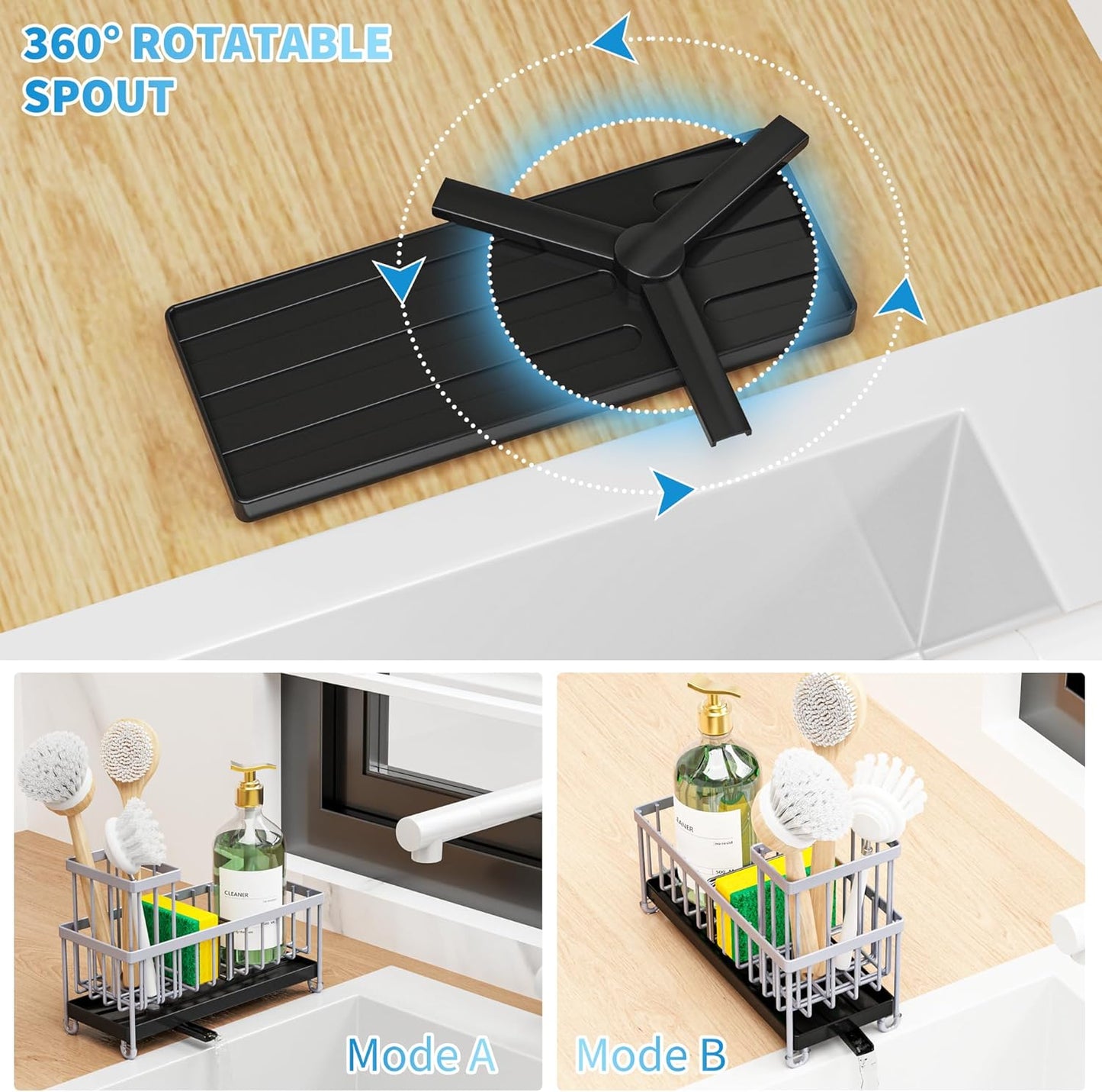 Cisily Light Gray Sponge Holder for Kitchen Sink, Sink Caddy Organizer with High Brush Holder, Kitchen Countertop Organizers and Storage Essentials, Rustproof 304 Stainless Steel, Soap Dispenser