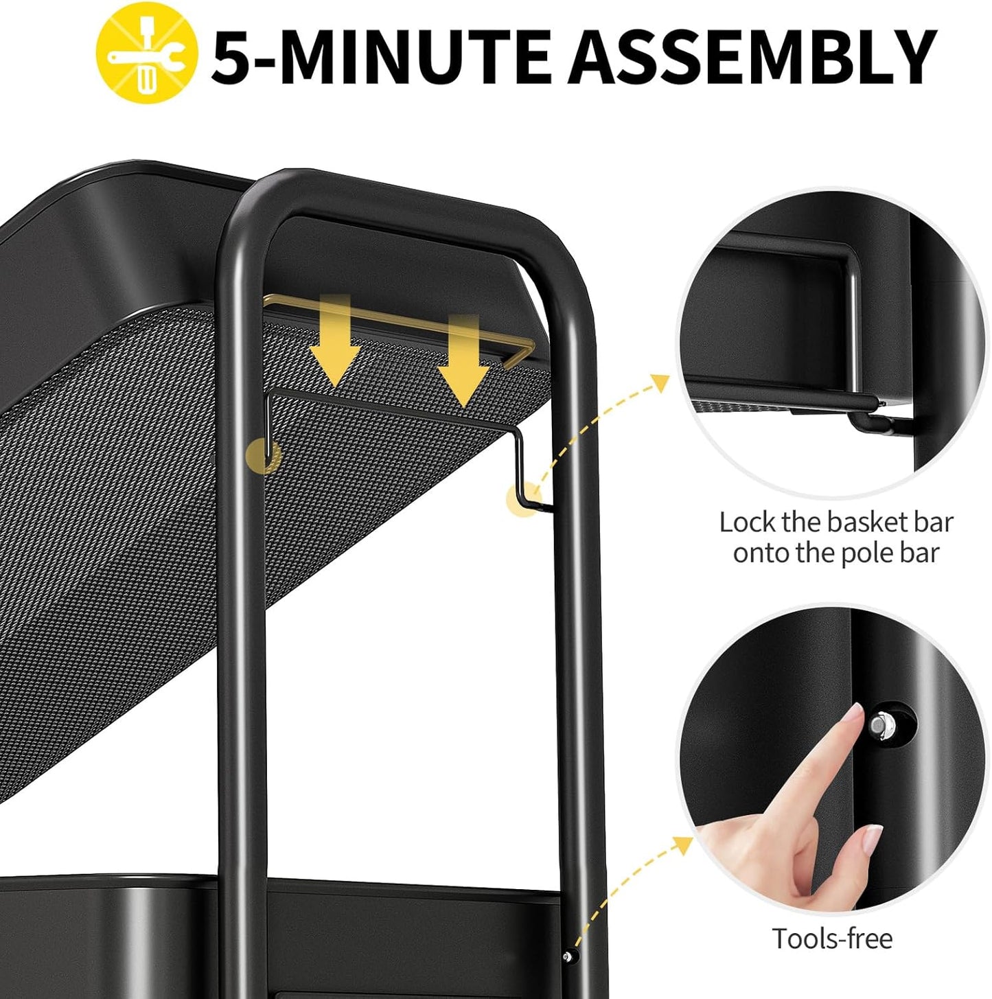 TOOLF 3 Tier Rolling Cart Storage Organizer, Metal Rolling Utility Car with Wheels, Hooks & Bins Esthetician Art Sturdy Storage with Pegboard for Bathroom, Kitchen, Office, Nursery Diaper