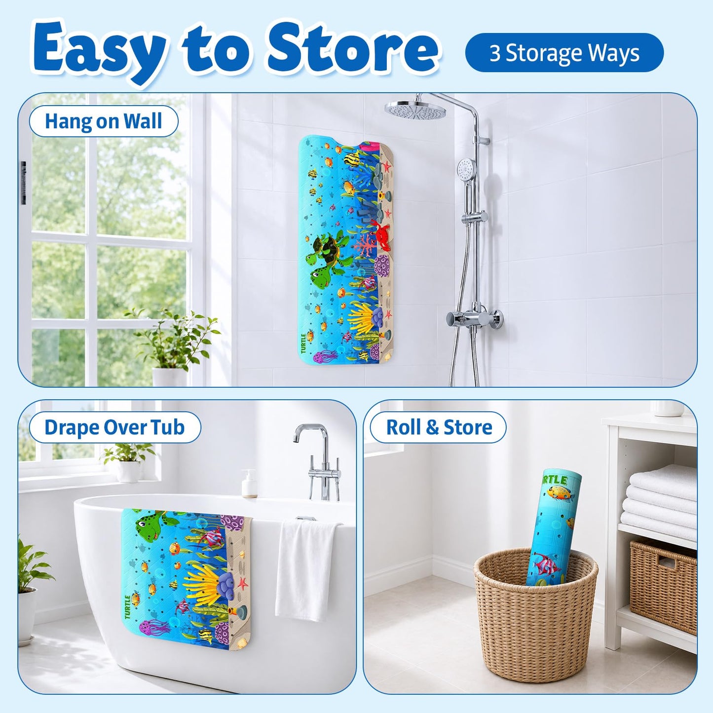 XIYUNTE Baby Bath Mat for Tub Non Slip, BPA Free Extra Long Bathtub Mat Non Slip 40x16 with Drain