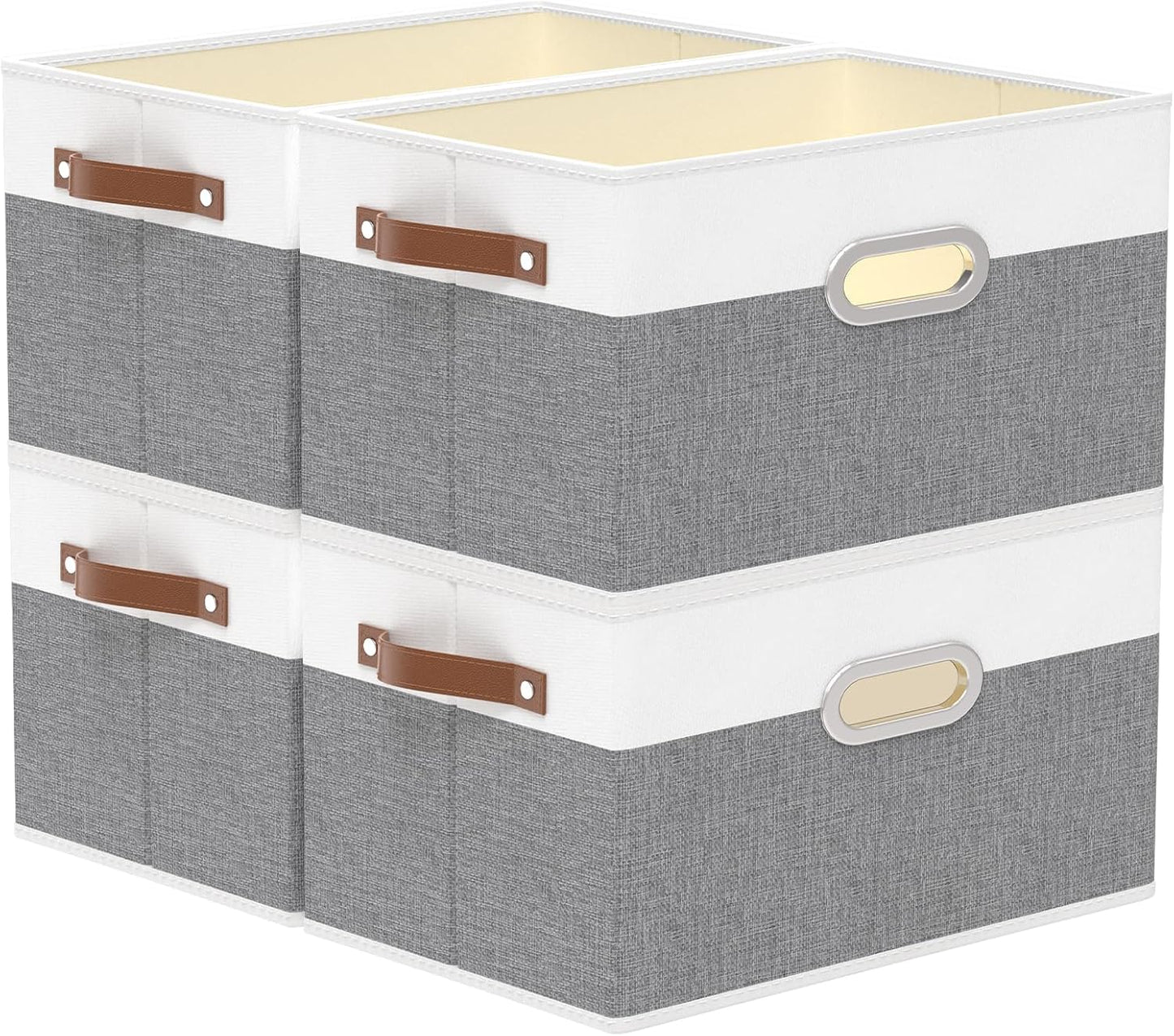Yawinhe Fabric Storage Bins with Handles, Foldable Baskets for Shelves, Cubes with 3 Handles, Large Boxes for Clothes, White/Grey, 16.9''Lx11.8''Wx10.2''H, 4-Pack