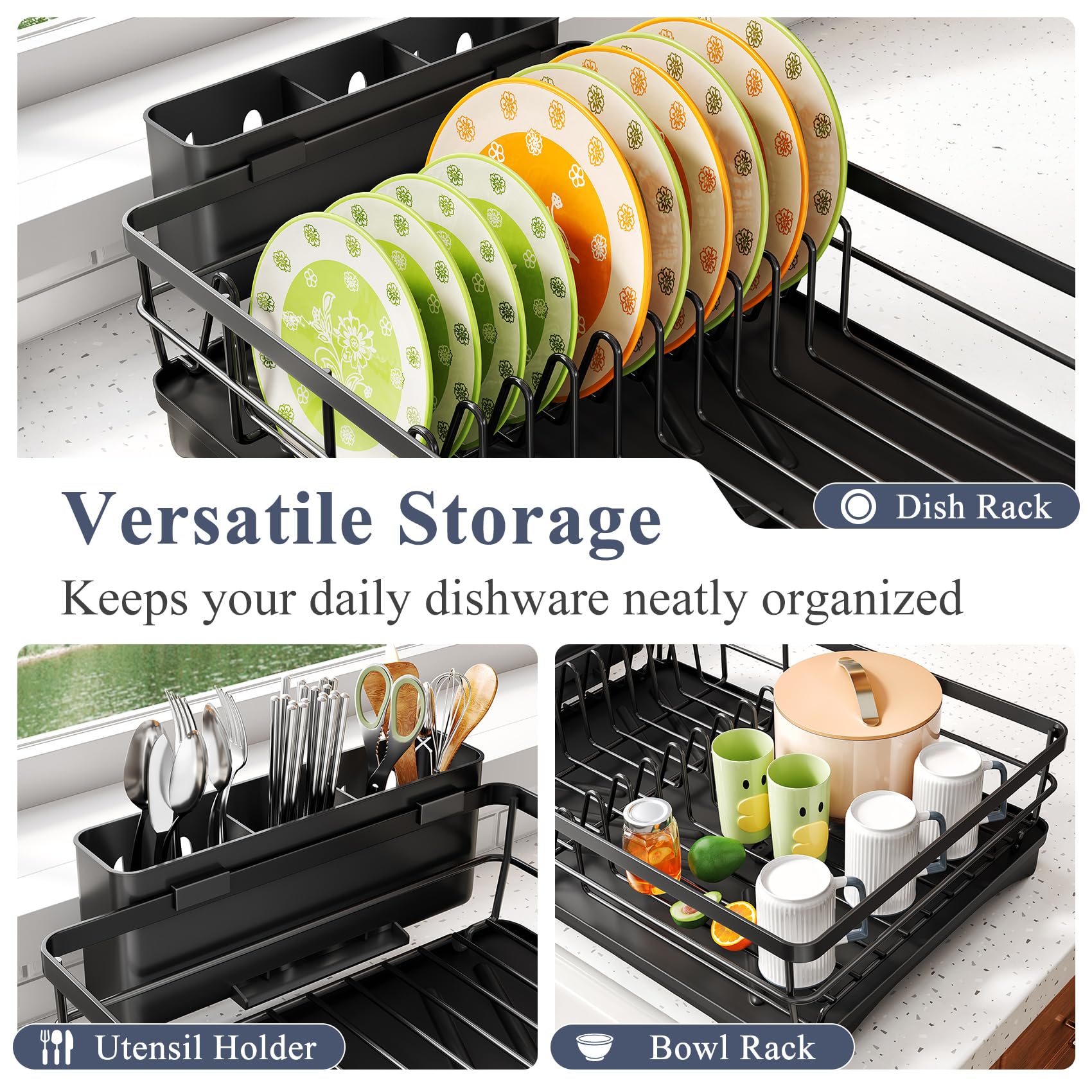 SAYZH Dish Drying Rack for Kitchen Counter with Utensil Holder, Black