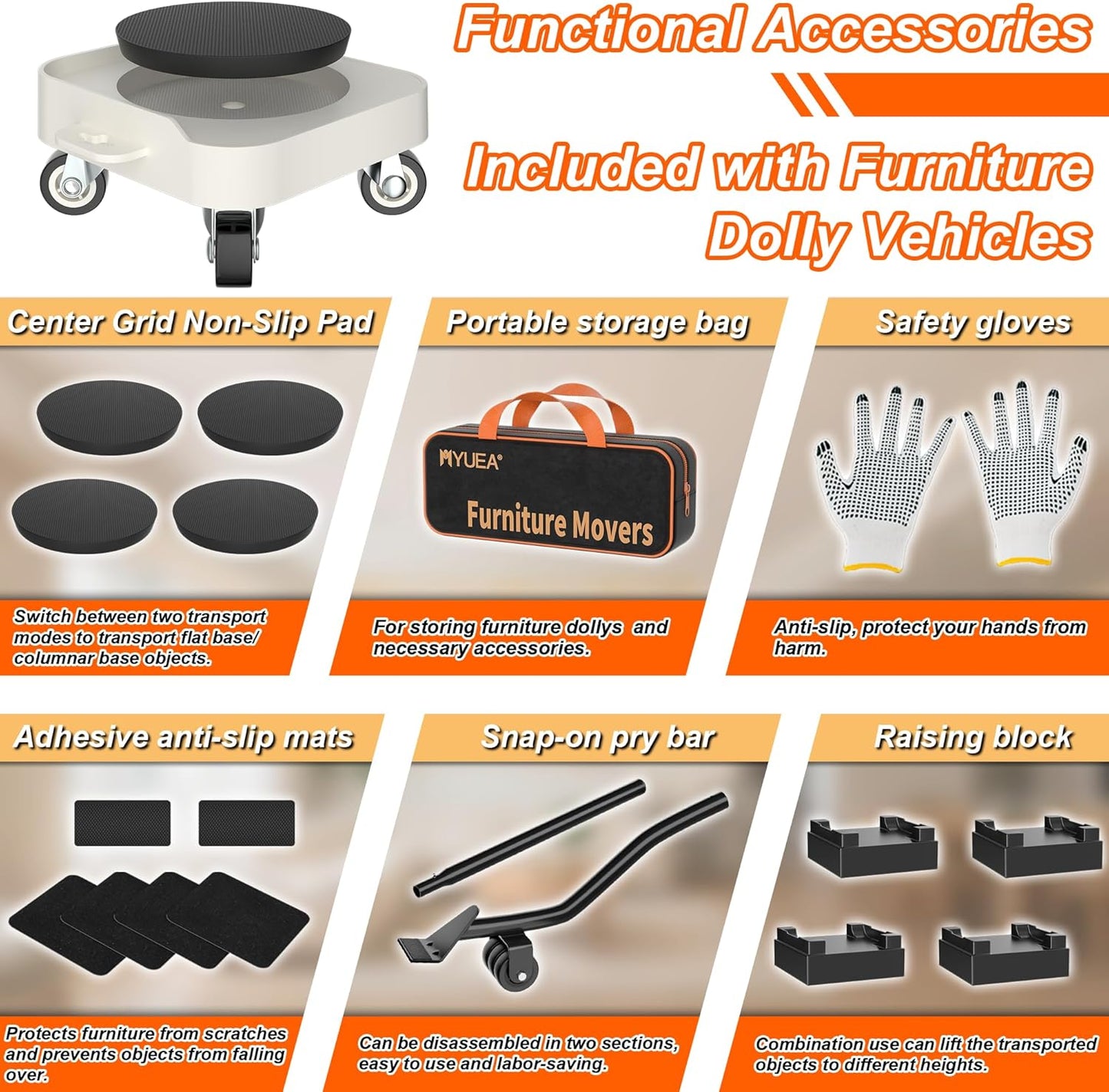 MUEA Furniture Dolly,Heavy-Duty Furniture Movers with Removable Center Pad,Non-Slip L-Edge & TPR Wheels,Moving for Round/Flat Leg Furniture–Includes Pry Bar,Gloves,Mat and Storage Bag(1200LBS)