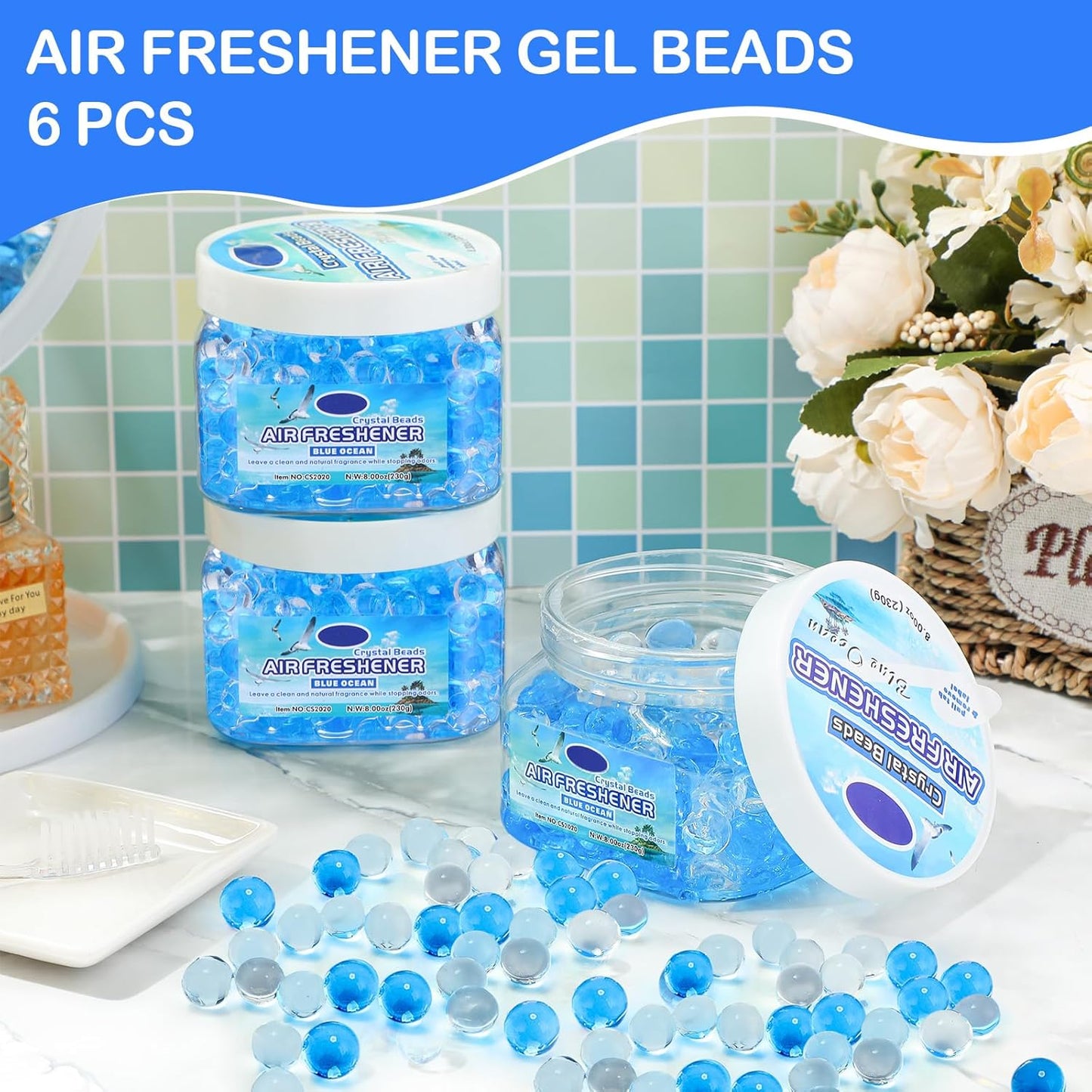 6 Pcs Air Freshener Gel Beads Bulk Odor Eliminator Beads Odor Removing Gel for Home, Bathrooms, Cars, Boats, RVs, Pet Areas, Room, Toilet 8 oz(Blue Ocean)