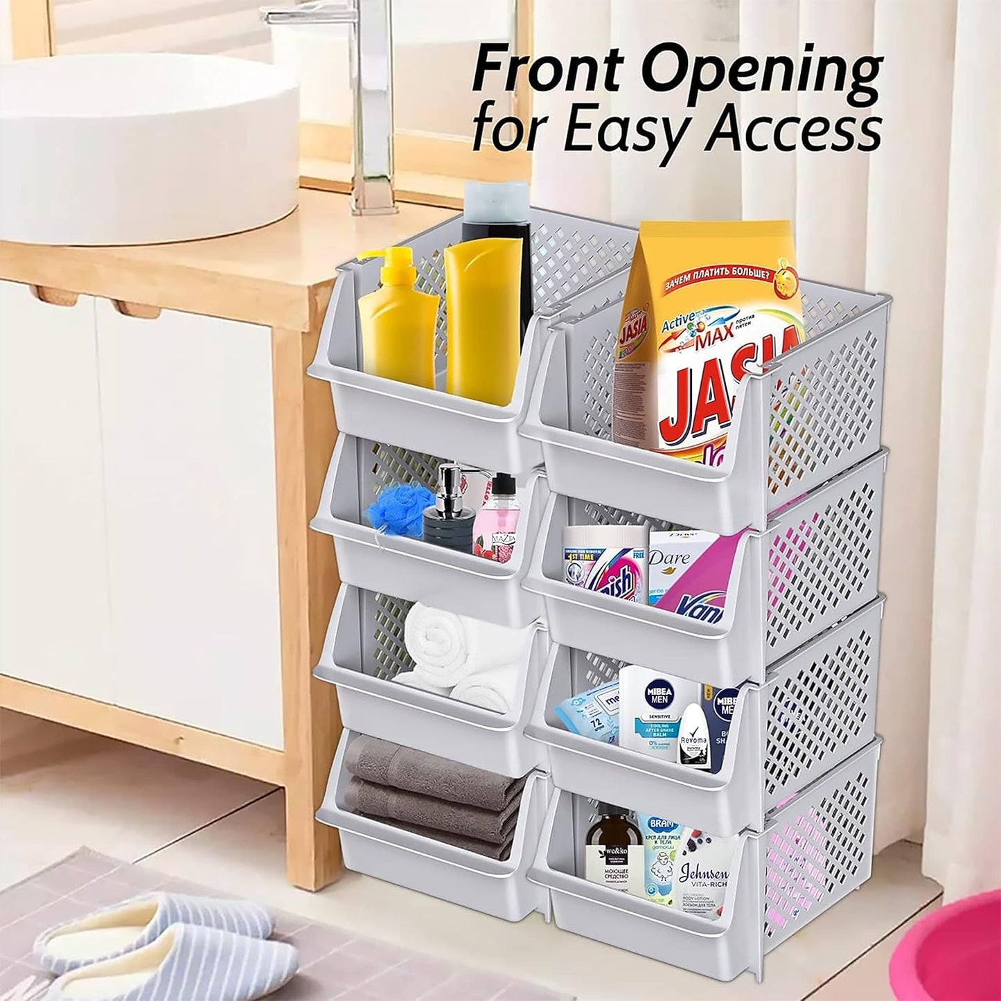 Skywin TidyFriend Stackable Storage Bins for Closet Organizers and Storage 12 Pack, Closet Organization for Kids Room and Home Organization (Light Grey)