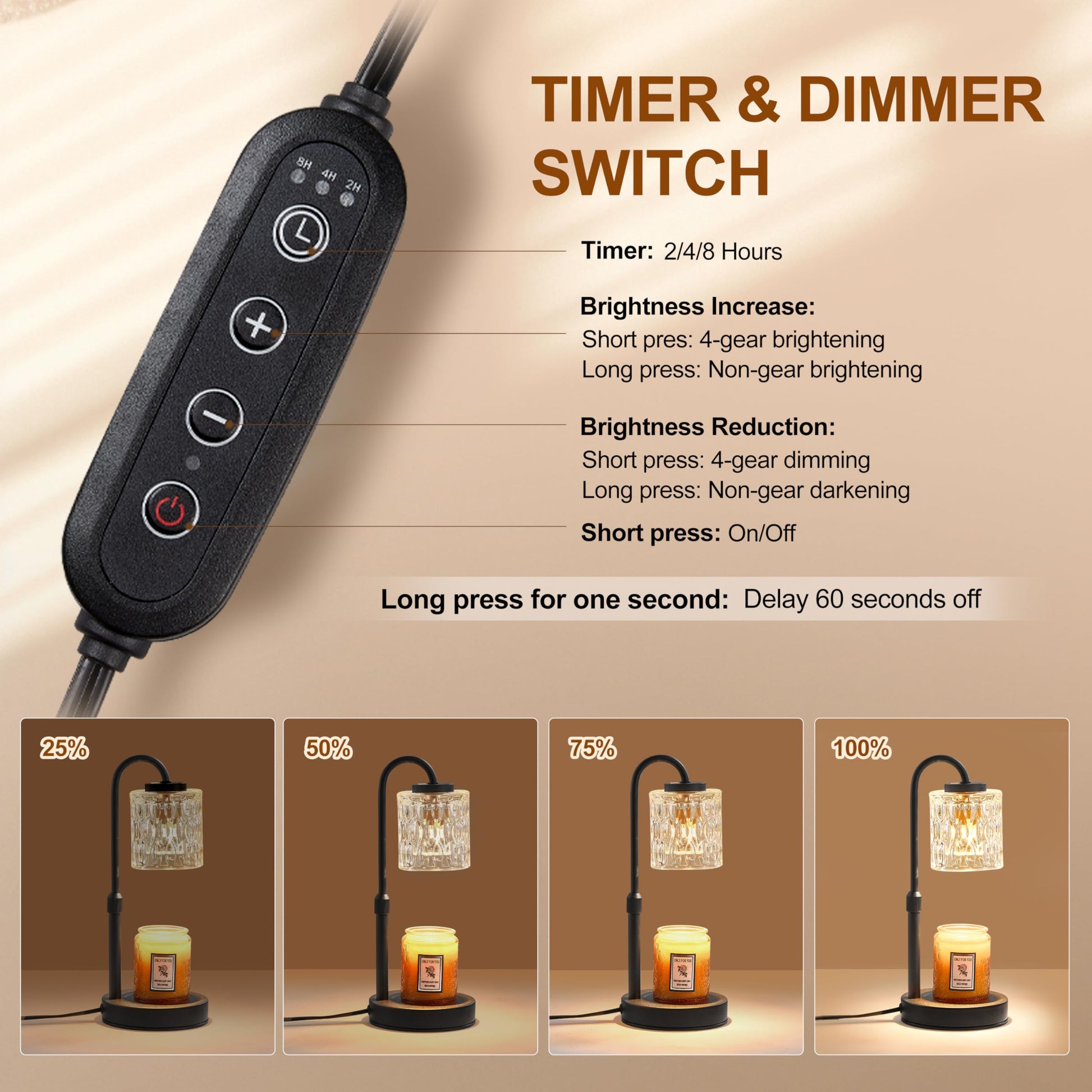 CASTLELIFE Dimmable Candle Warmer Lamp with Timer, Height Adjustable Candle Warmer for Jar Candles