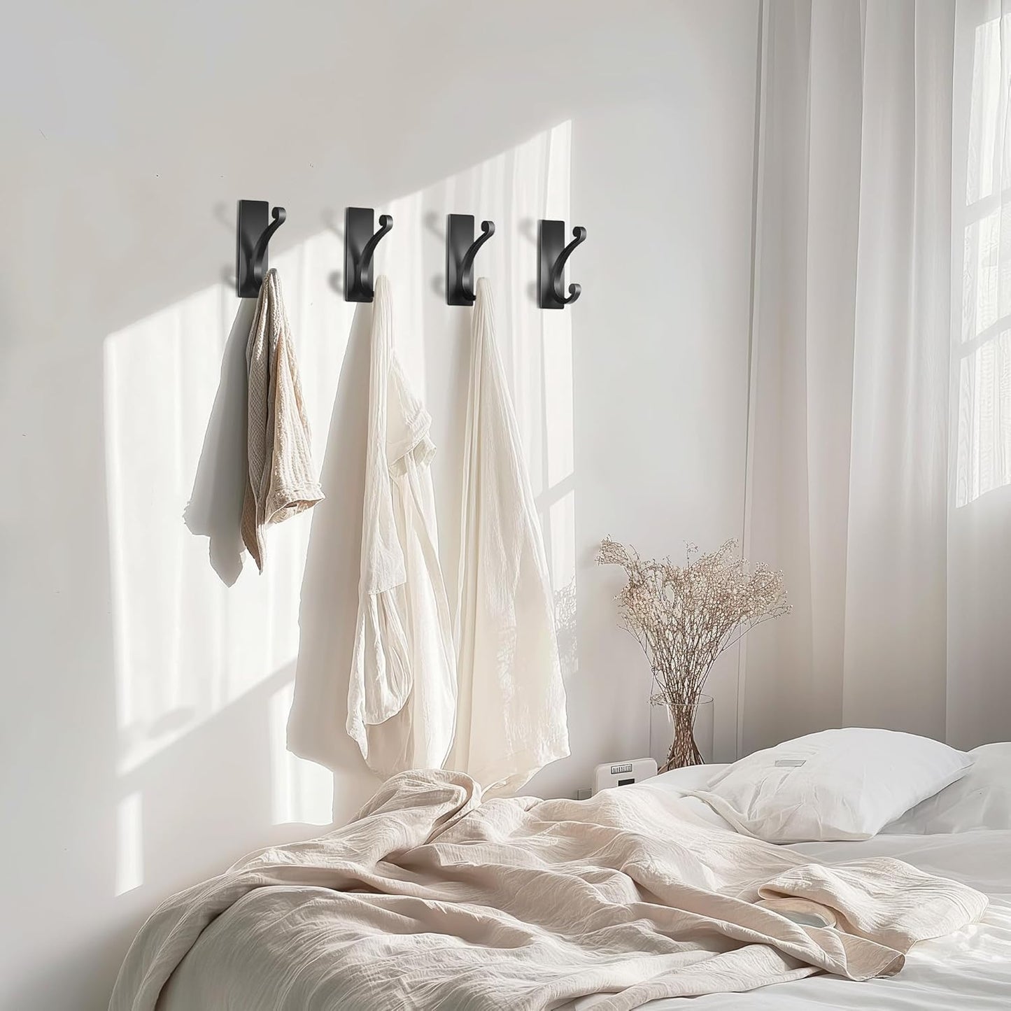 Adhesive Wall Hook for Towel/Coat - Extra Sticky 10LB Stainless, Stick on Hanger for Bath or Shower, Matt Black 8-Pack