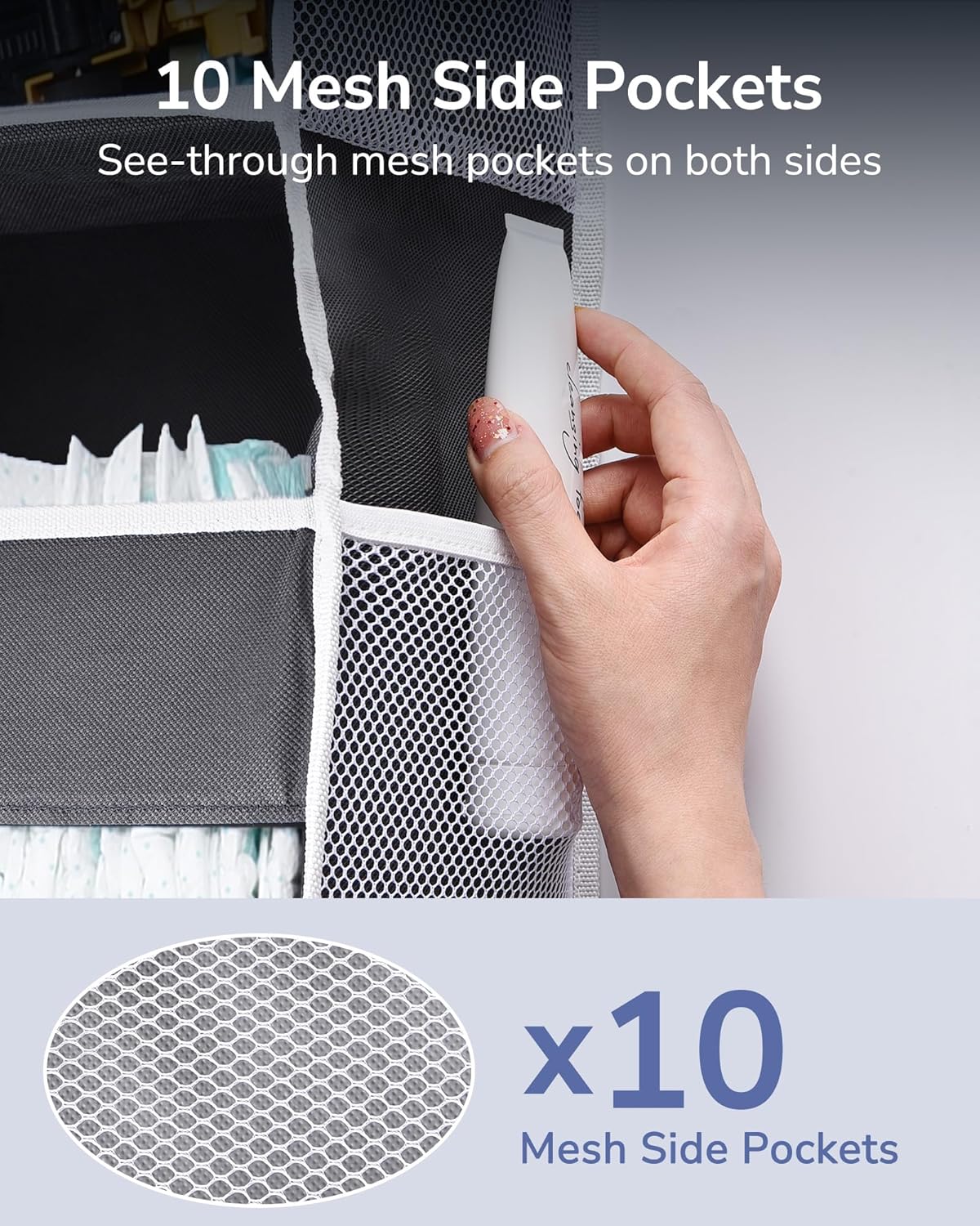 ULG 1 Pack Over Door Organizer with 5 Large Pockets 10 Mesh Side Pockets, 44 lbs Weight Capacity Hanging Storage Organizer with Clear Window Kids Toys, Shoes, Diapers, Dark Grey, 5 Layers