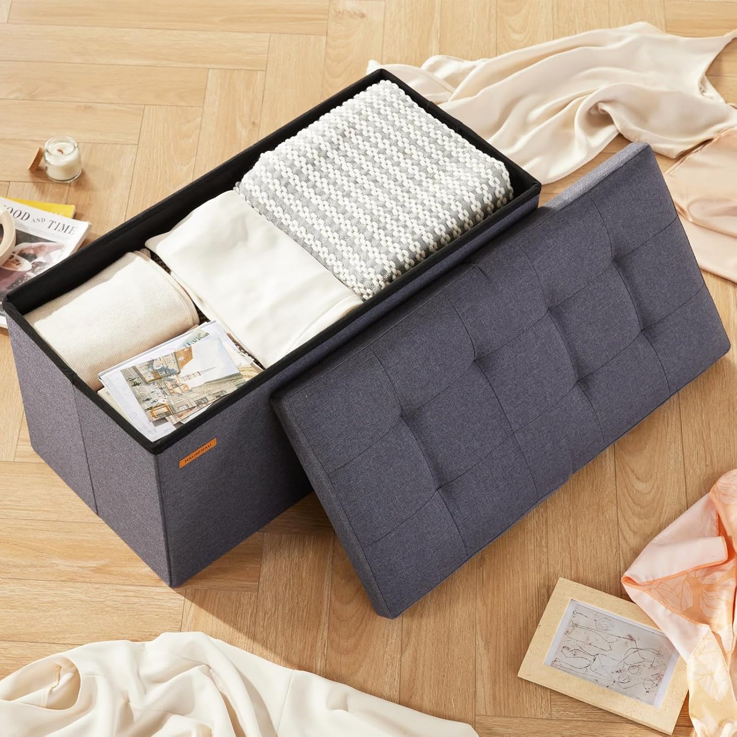 HAUSFRAU - 30 Inches Storage Ottoman Bench with Flipping Lid, Foldable Storage Chest Foot Rest for Living Room, Bedroom, Entryway, Load 660 lb, Linen Dark Gray