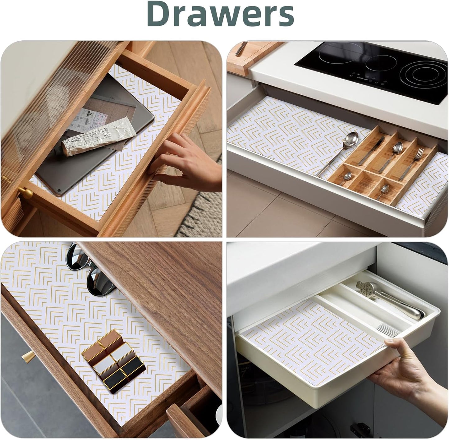 Shelf Liner for Kitchen Cabinets Non Adhesive Drawer Liner Non-Slip Thickened Shelf Liner Paper Strong Easy to Clean for Tool Box Refrigerator with Knife and Tape Measure, Gold Arrow, 11.8 x 472 in