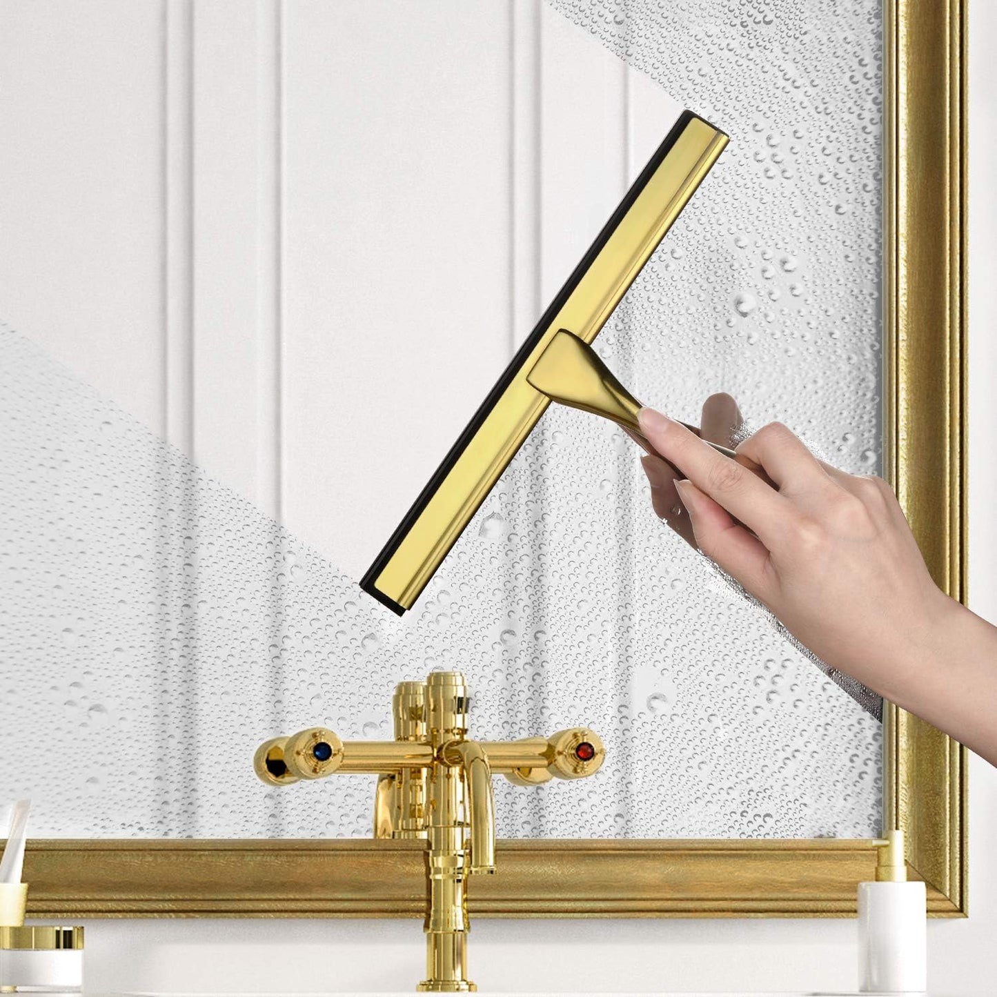HIWARE All-Purpose Shower Squeegee for Shower Doors, Bathroom, Window and Car Glass - Brass, Stainless Steel, 10 Inches