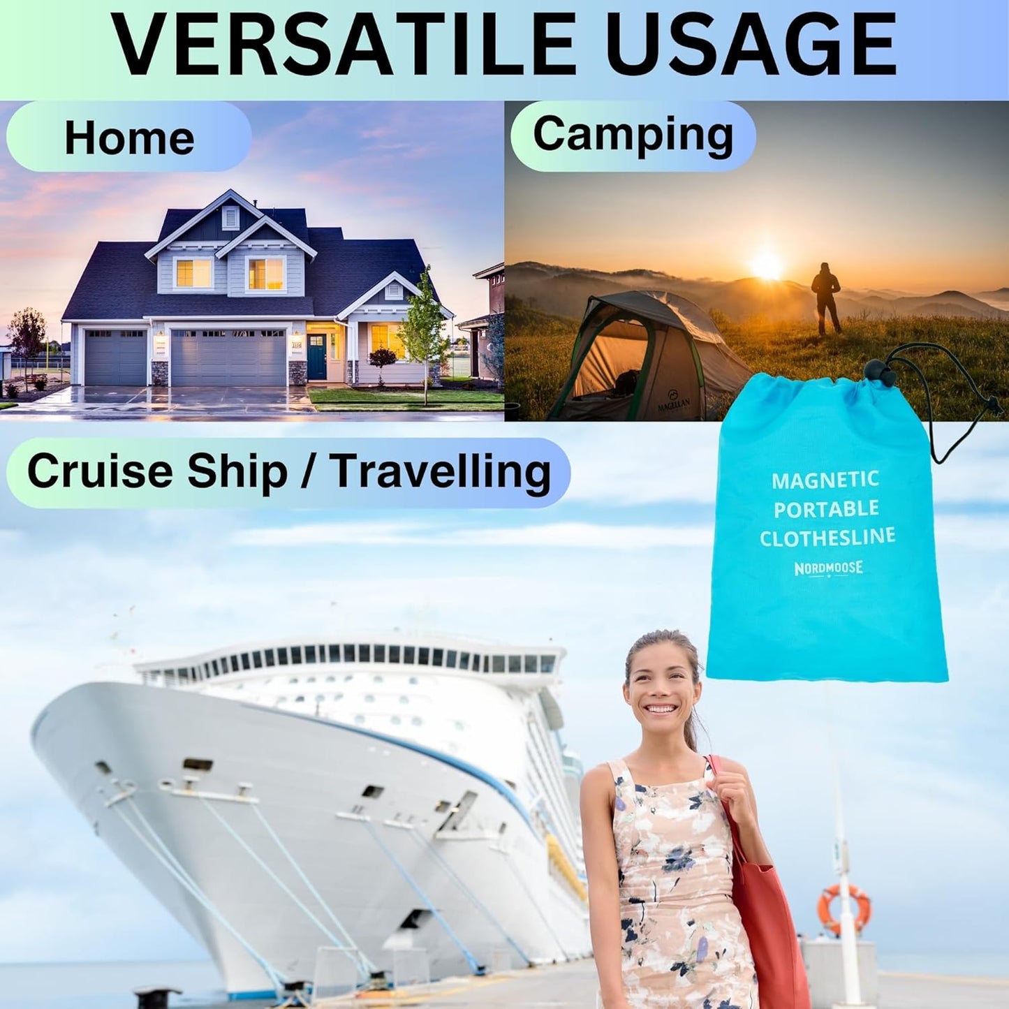 Magnetic Clothesline for Cruise Ship Cabin Approved - Strong Rubber Coated Non-Scratch Magnets, Travel Clothesline for Cruise Ship Essentials 2025 Updated Stronger Magnets