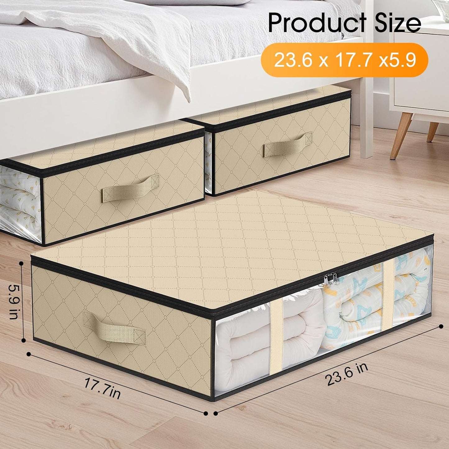 StorageRight Under Bed Storage Bins, 4-Pack 40L Foldable Fabric Storage Bags with Transparent Window, Breathable Organizer for Clothes/Blanket/Comforter/Quilts,Beige