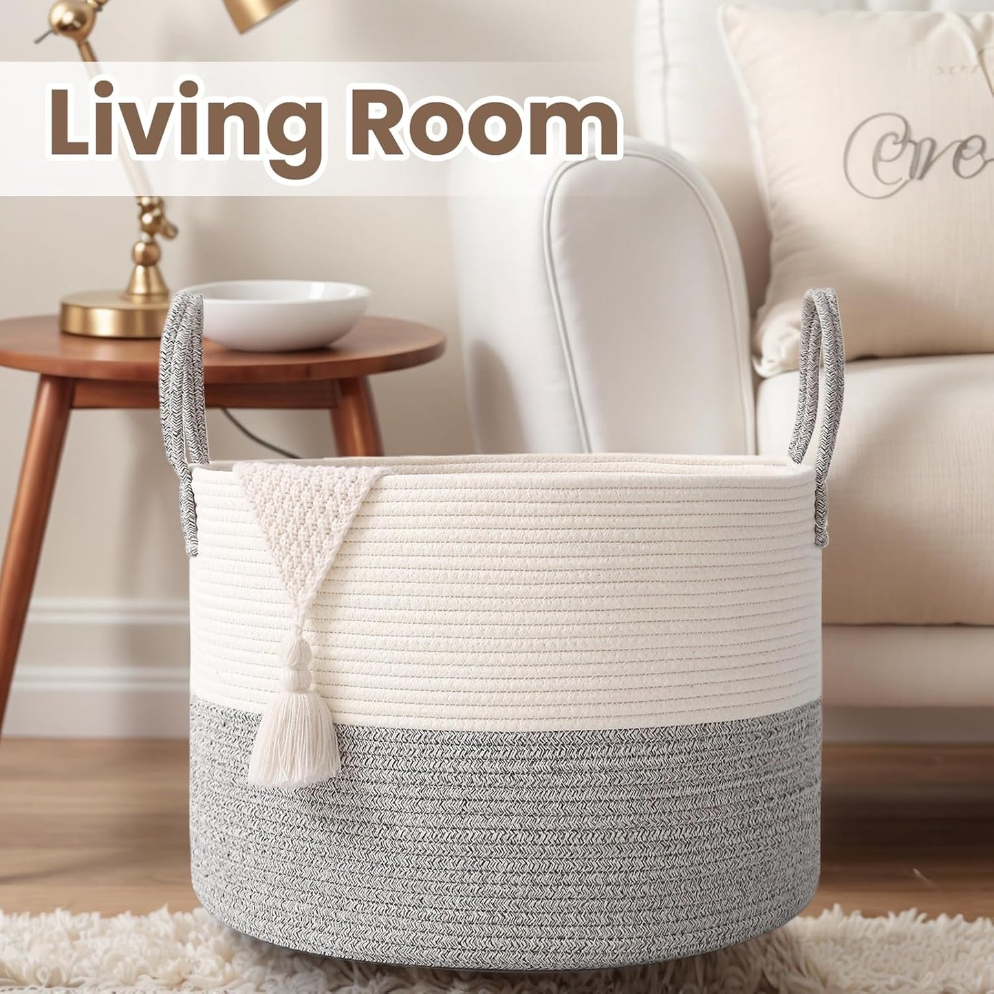 Woven Blanket Basket,115L Large Rope Storage Bin with Handles, Organizer for Blankets Toys Book and Clothes, Laundry Basket for Living Room Bedroom Nursery,White&Grey