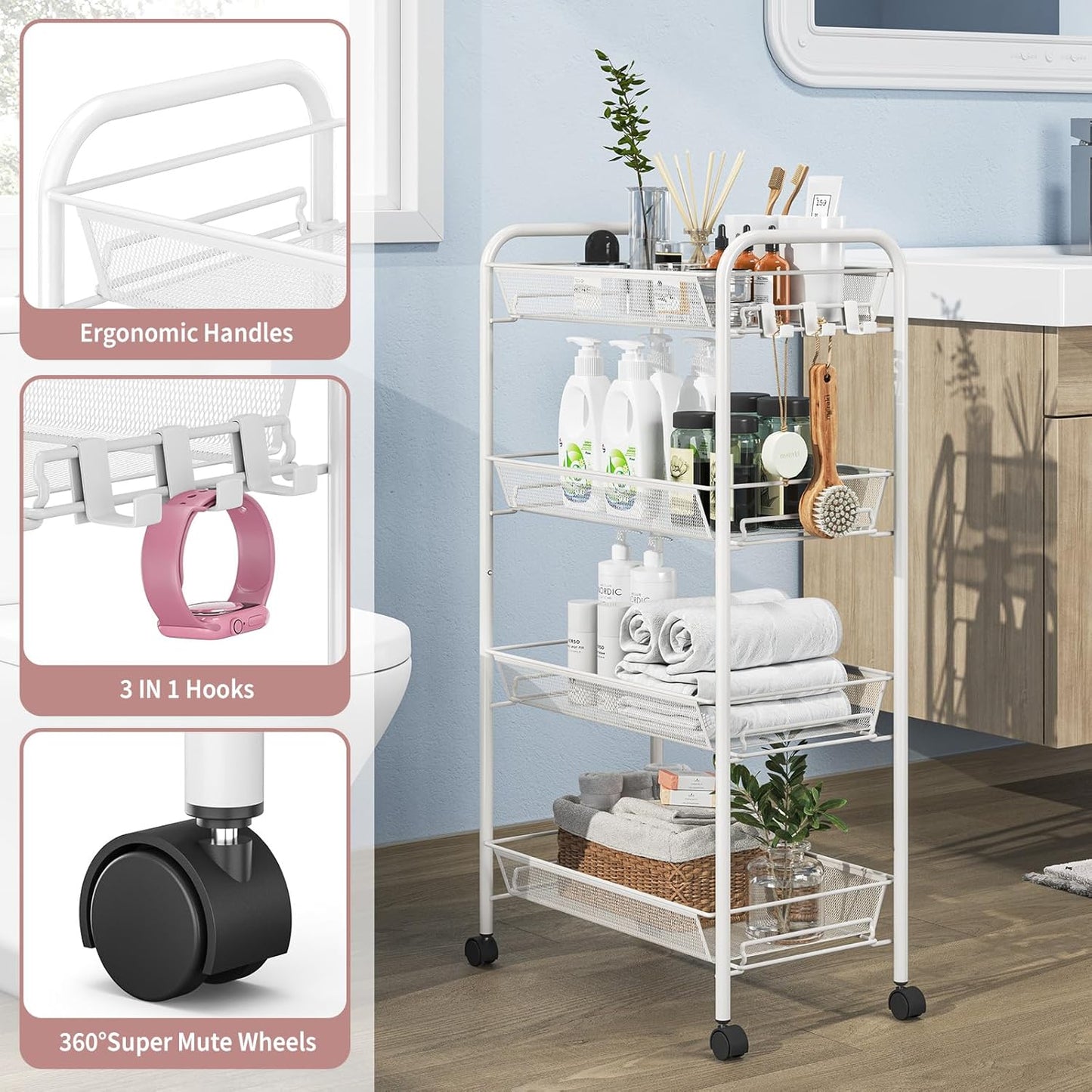 TOOLF 4-Tier Rolling Cart, Metal Utility Cart with 3 Hooks, Easy Assemble Mobile Storage Trolley On Wheels, Metal Shelving Units Kitchen Bathroom Laundry Room