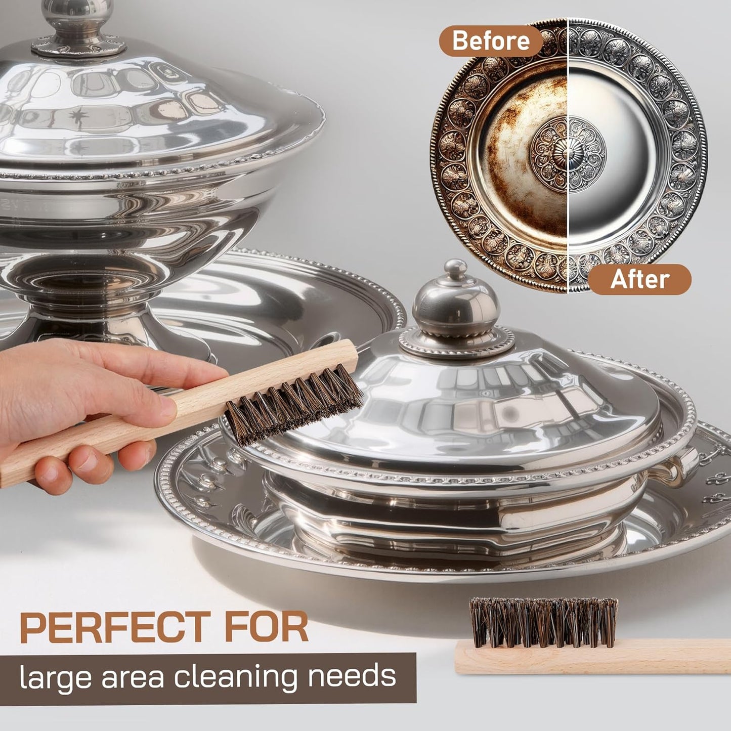 TAKAVU Horsehair Detail Brush Set, Silver Cleaning Brushes & Polish Cloth for Silverware Plateware Jewelry