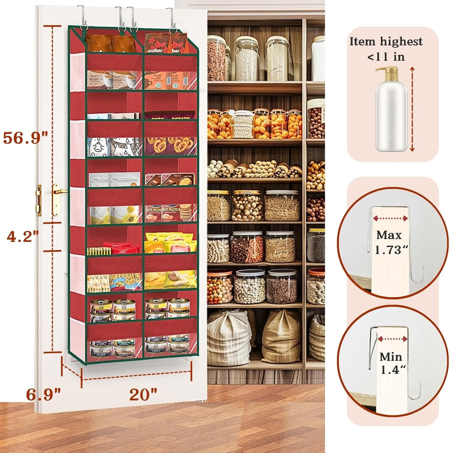 Over The Door Organizer 5 Tiers, Extra Large Behind Door Storage of 10 Compartments, 80 lbs Weight Capacity Hanging Storage Organizer with Clear Window Kids Toys,Shoes,Diapers,Room Storage, Red