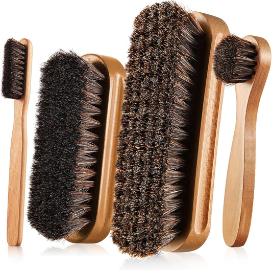 4 Pcs Horsehair Shine Shoes Brush Kit Polish Dauber Applicators Cleaning Leather Shoes Boots Care Brushes Suede Cleaner Brush with Microfiber Shoe Cloth(Wooden Style A)