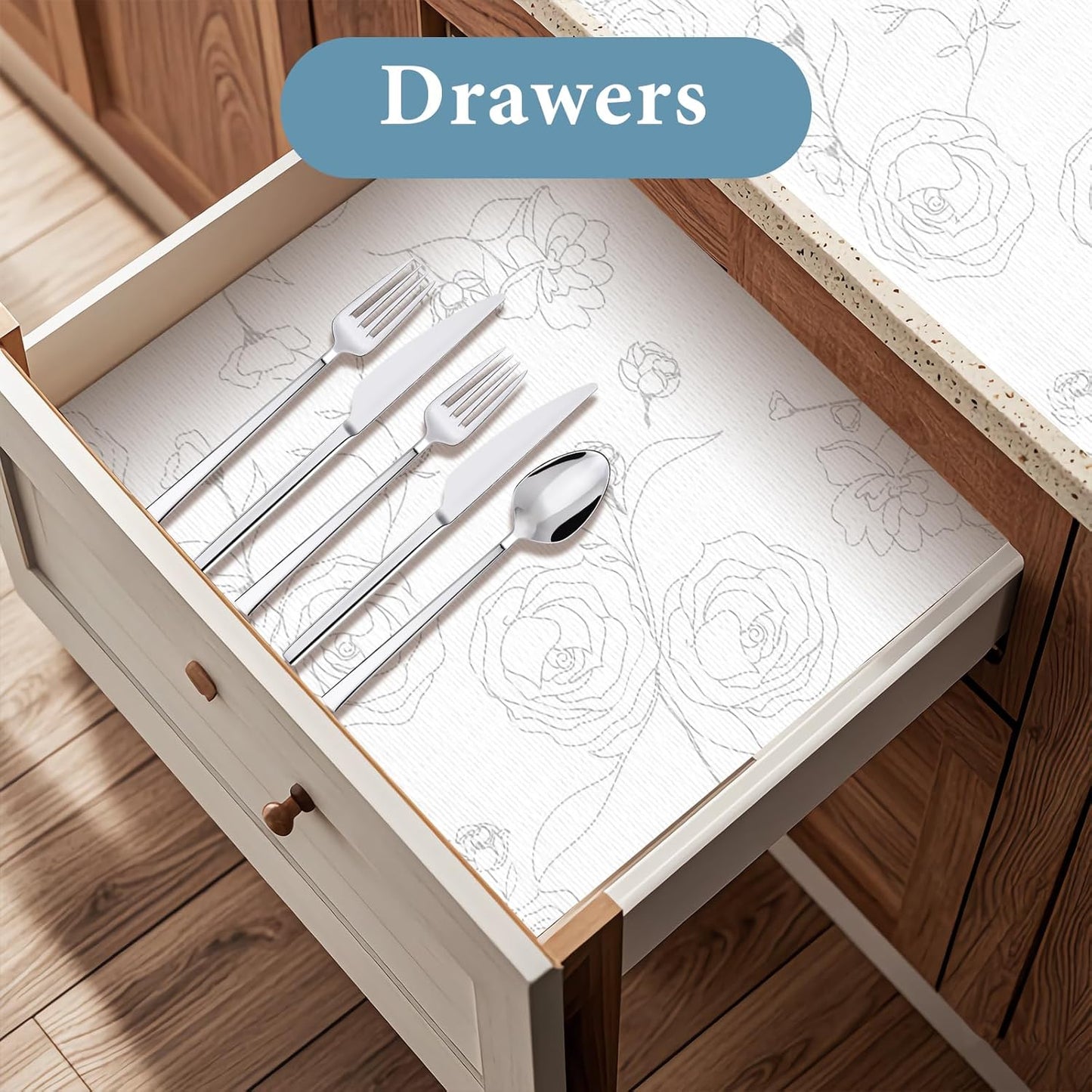 Shelf Liners for Kitchen Cabinets 12in x 10FT Non Adhesive Drawer Liner Sliver Floral Thickened Shelf Liner Paper Strong Non-Slip Easy to Clean for Tool Box Refrigerator with Knife and Tape Measure