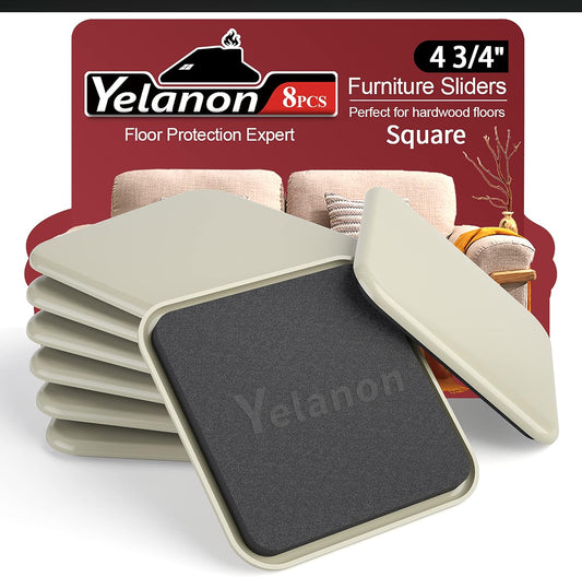 Yelanon Furniture Sliders, 8 pcs-4 3/4” Square Beige Furniture Sliders for Carpet, Heavy Duty Furniture Movers Sliders, Reusable Furniture Moving Pads, Floor Protectors for Carpet