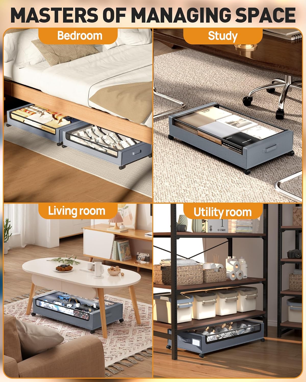 Under Bed Storage With Wheels, 2 Pack Square Containers, 60L Bins, Rolling Metal Drawer for Clothes, Blankets, Shoes