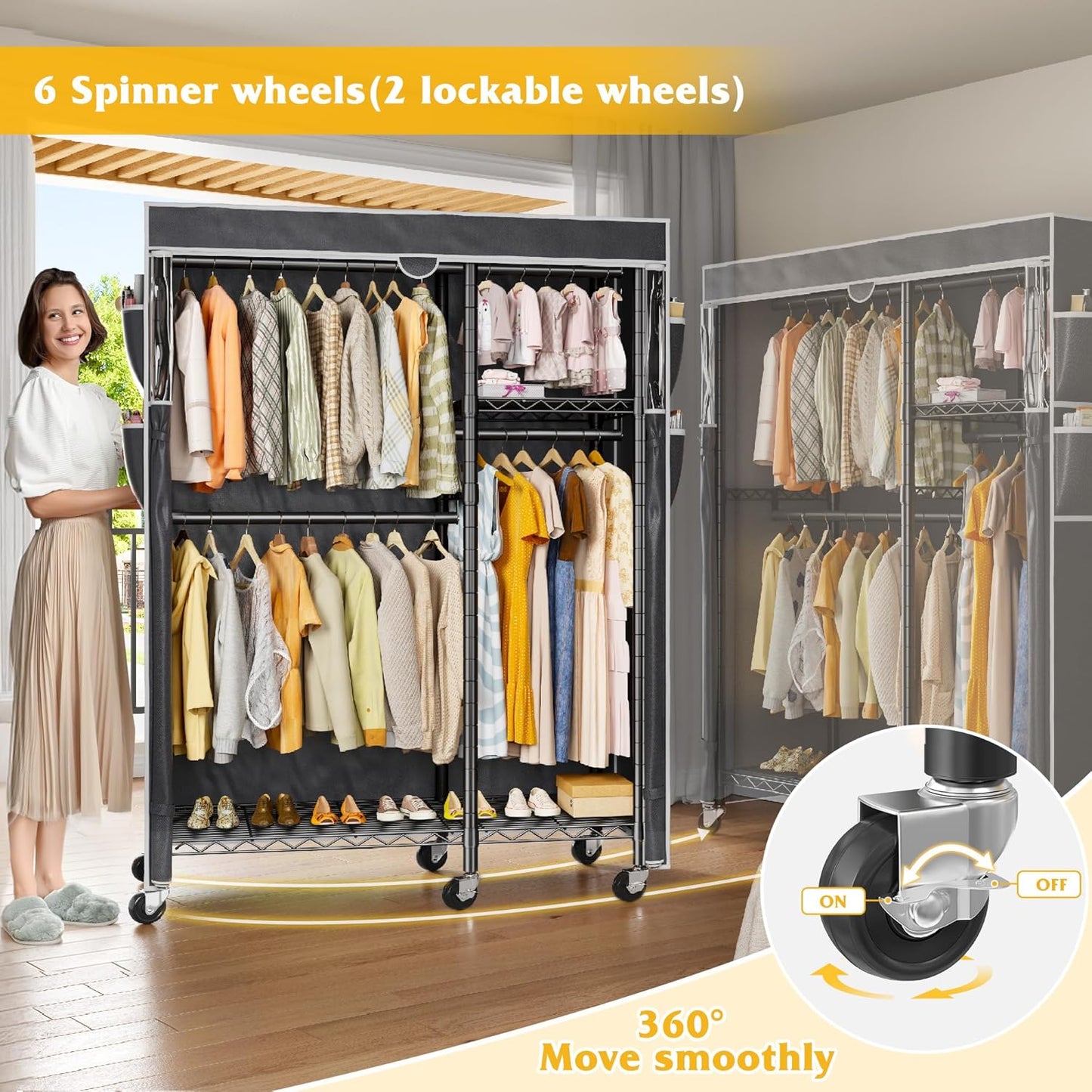 Raybee Clothes Rack with Cover,Clothing Racks for Hanging Clothes with Wheels and Adjustable Feets,Rolling Heavy Duty Garment Rack,Black