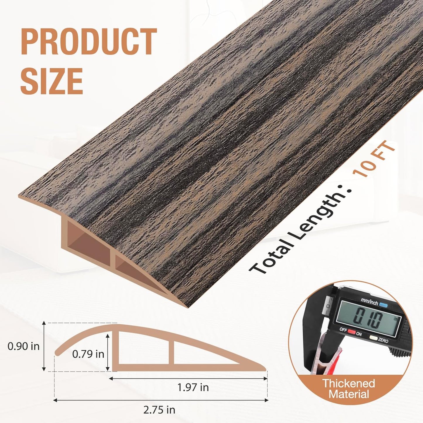 Floor Transition Strip Self Adhesive Vinyl Door Threshold for Doorways Carpet Edging Trim Overlap Edge Reducer for Laminate Floor, Carpet, Tile (Smoked Brown Wood Grain, 3/5" to 4/5", 10Ft)