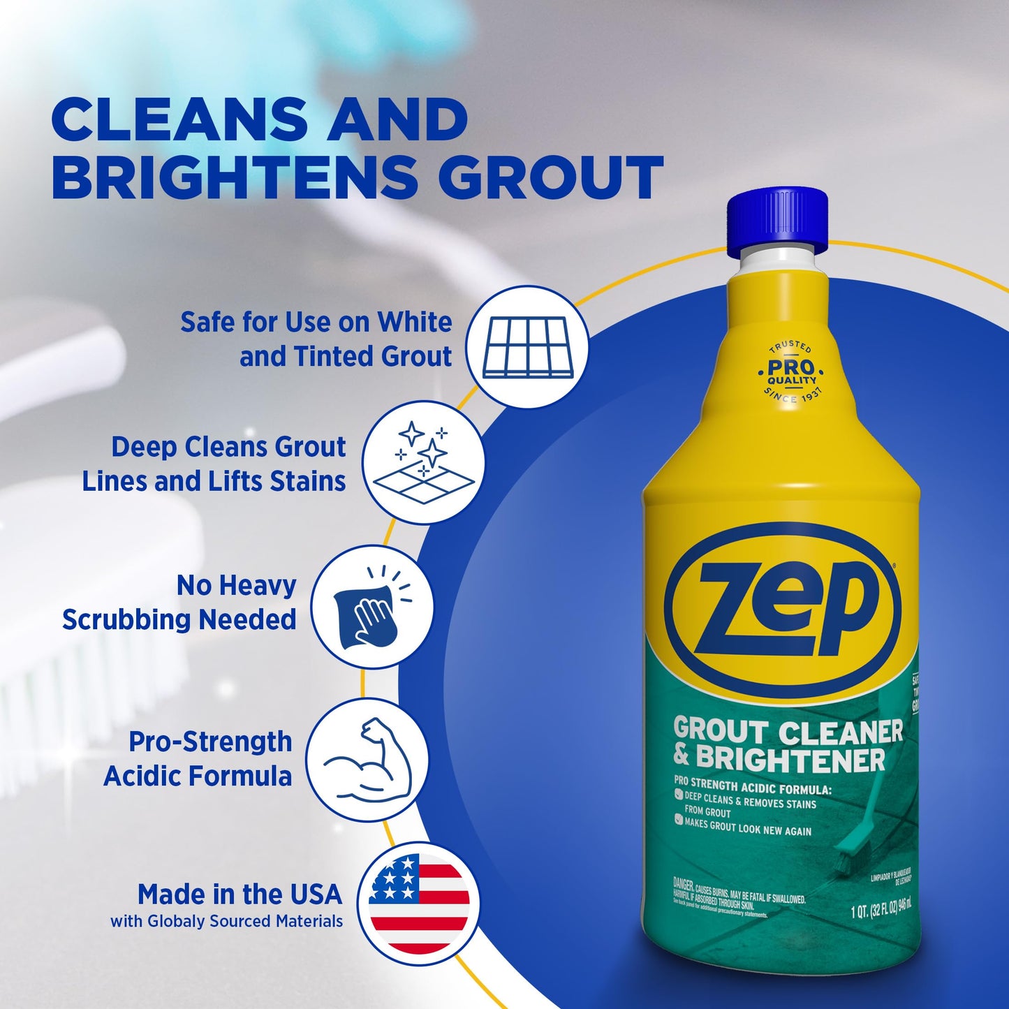 Zep Industrial Grout Cleaner and Brightener - 32 oz (Pack of 4) ZU104632 - Deep Cleaning Pro Formula