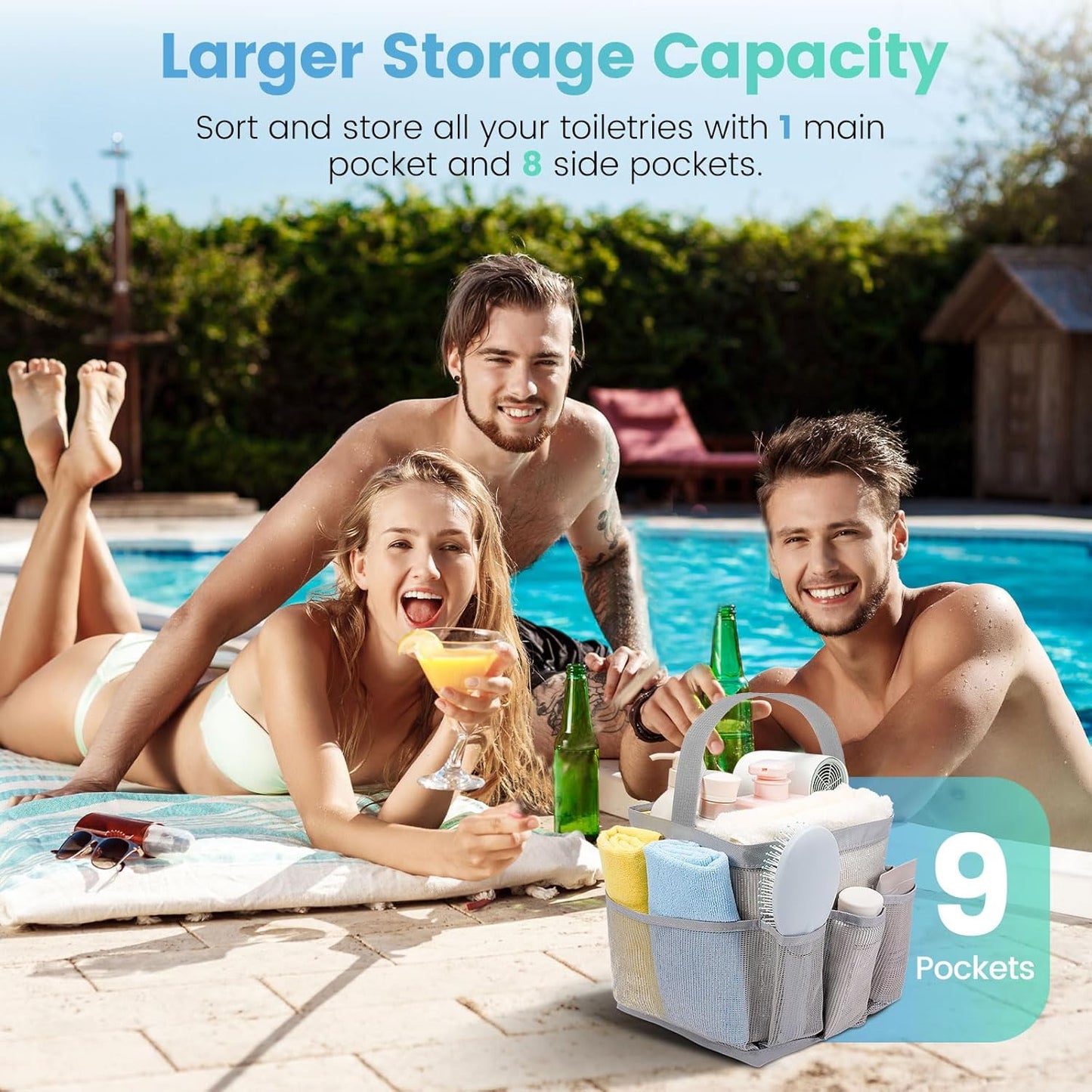 Shower Caddy for College Dorm Room Essentials for Girls with 9 Pockets,Large-Capacity Shower Basket,Quick Dry Toiletry Tote Bag for Outdoor Gym,Travel,Swim,Beach Camping Essentials-Black and Grey