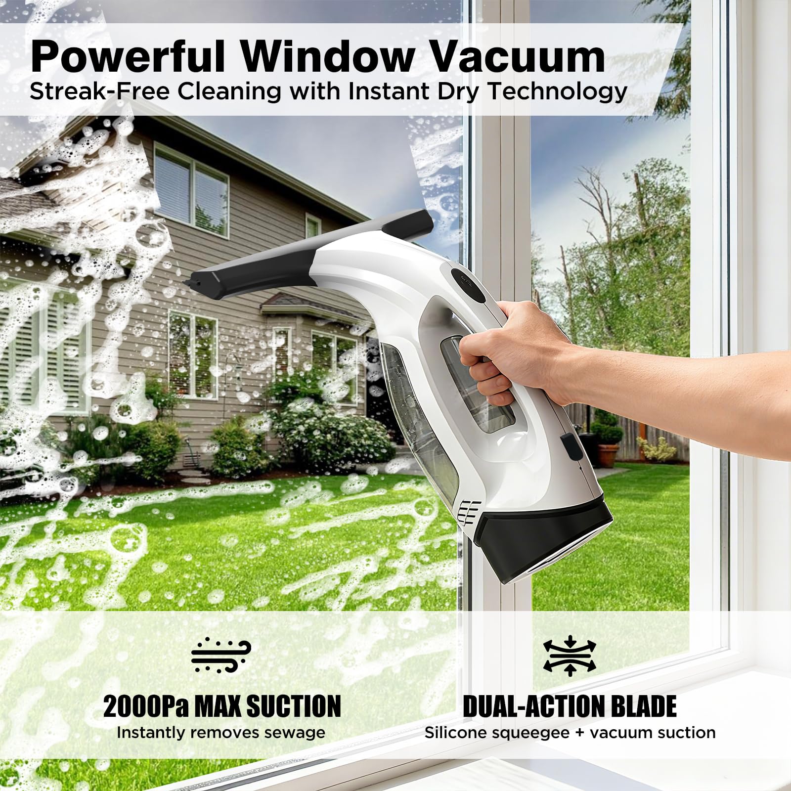 ZRHI Window Vacuum Squeegee Cordless, 2000Pa Electric Window Cleaner Tool with 2200mAh & 150ml