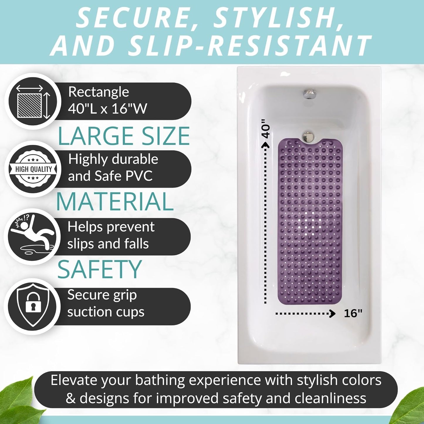 ENKOSI Bath Mat – 40 x 16 Inch Long Non-Slip Bathtub & Shower Mat with Suction Cups – Large PVC Bathroom Mat with Drain Holes for Tub & Shower (Bath - 40x16 Purple)