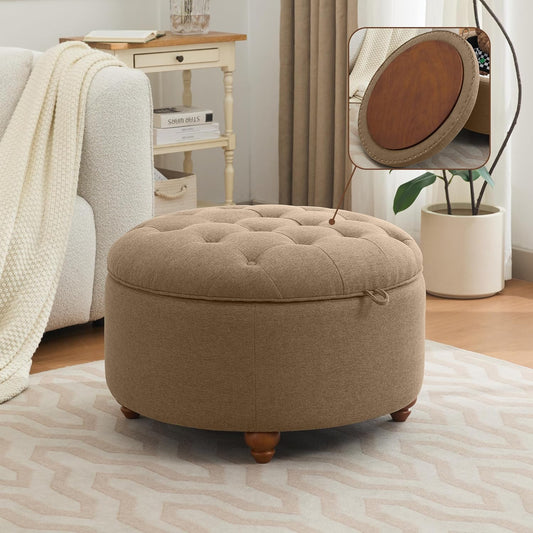 30Inch Round Storage Ottoman with Tray, Modern Tufted Fabric Circle Coffee Table with Storage