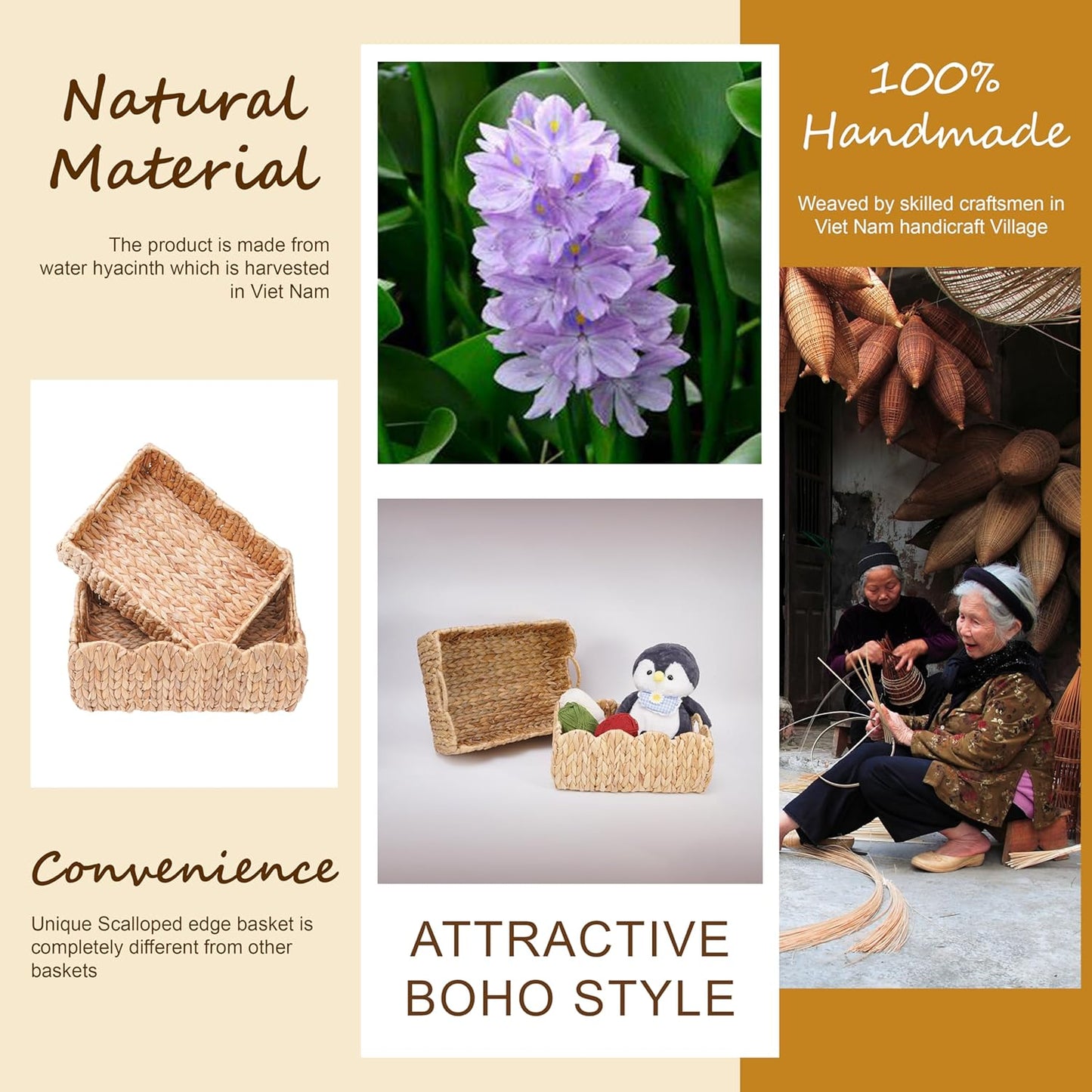 Set of 2 Scalloped Edge Wicker Storage Basket with Built-in Handles, Rectangle Water Hyacinth Basket for Organizing, Decorative Woven Rattan Basket for Shelf, Nursery Room