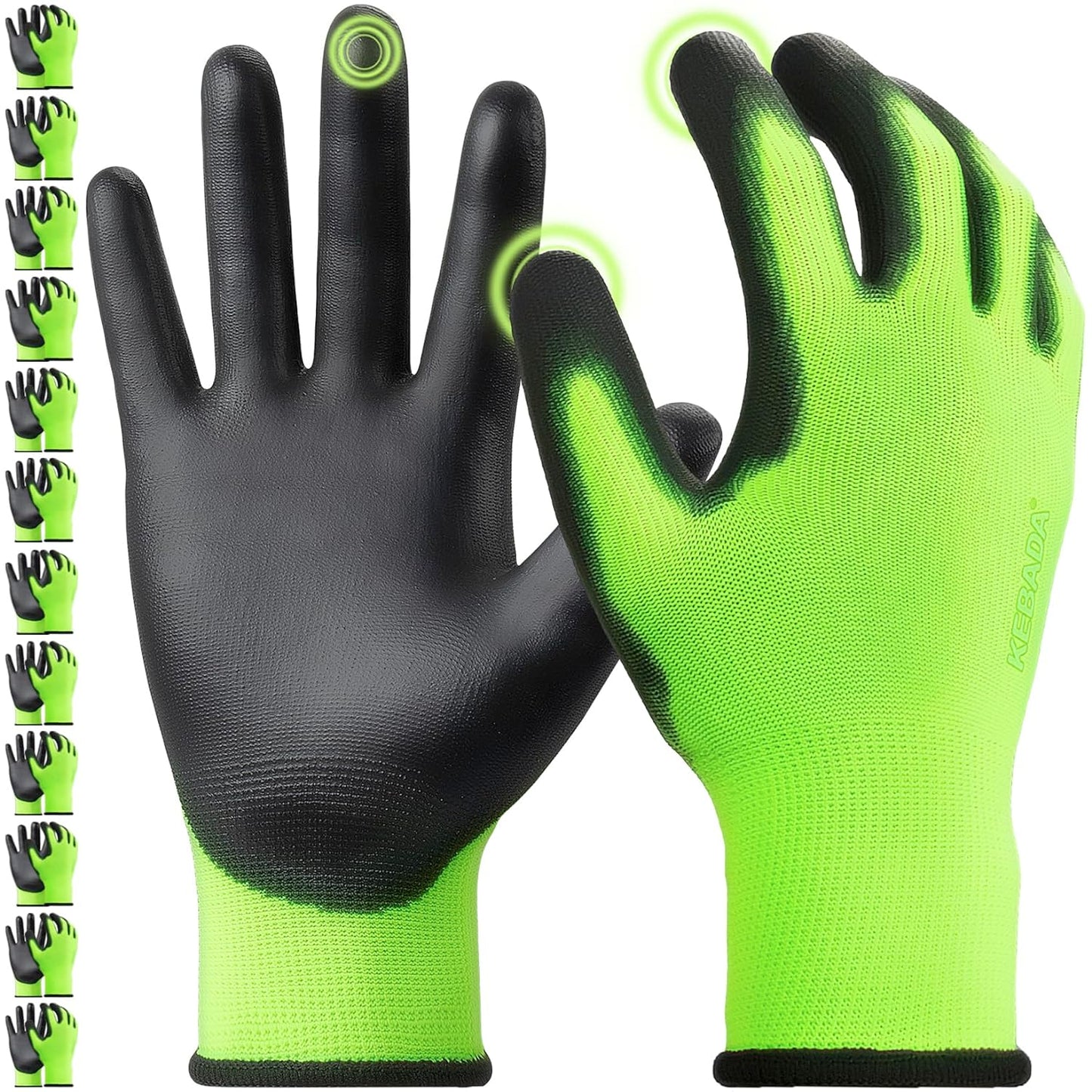 Kebada W1 Work Gloves for Men and Women, PU Coated Safety Gloves with Grip, Touchscreen, Ideal for Warehouse Package Handling, Construction, Gardening, Green Medium