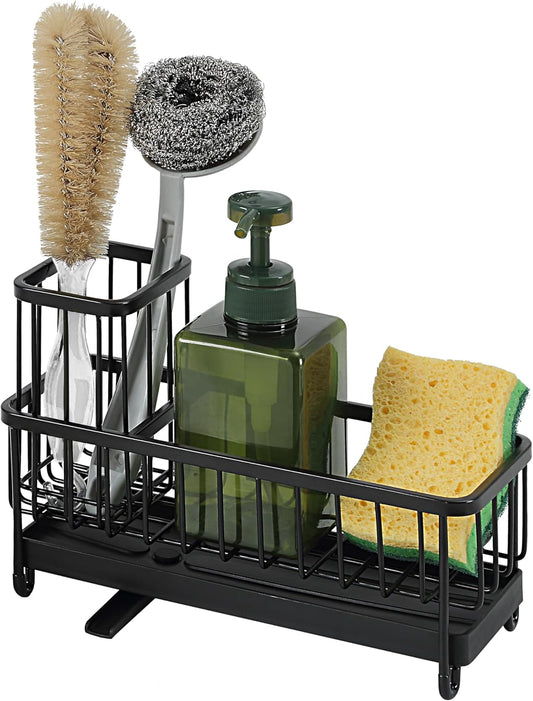 SunnyPoint Never Rust Stainless Utensil, Sink Cleaning Tools Holder for Kitchen Sink With Drain Board; Dish Wand, Sponge, Soap Dispenser, Utensil Organizer Caddy (BLK)
