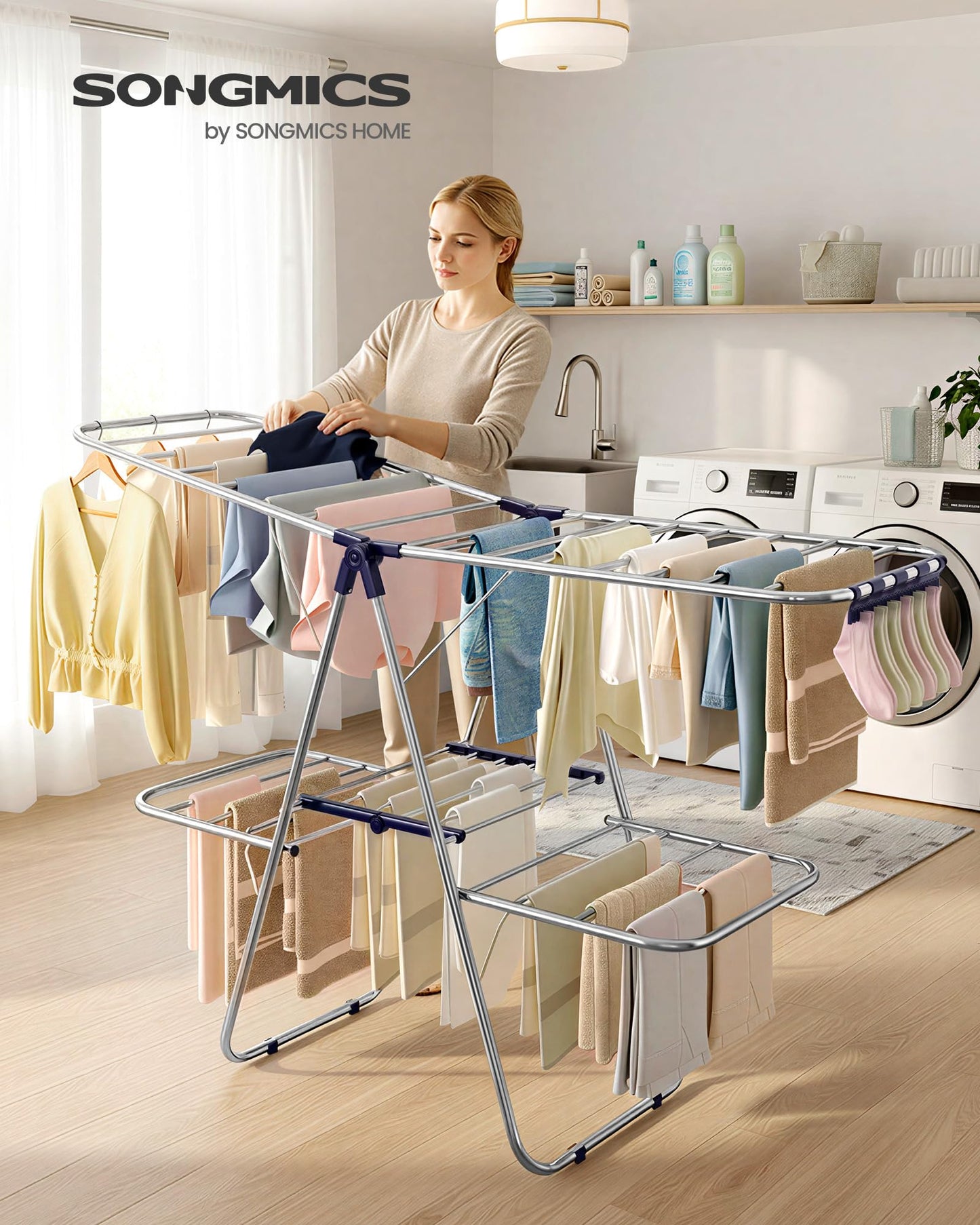 SONGMICS Clothes Drying Rack, Foldable 2-Level Laundry Drying Rack, Free-Standing Laundry Airer