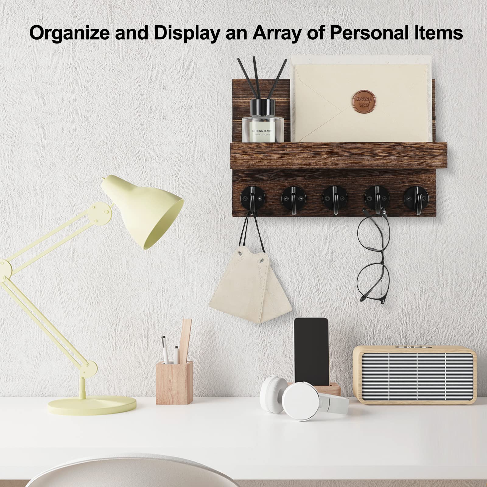 Lwenki Key Holder for Wall, Decorative Key and Mail Holder with Shelf Has Large Key Hooks for Bags