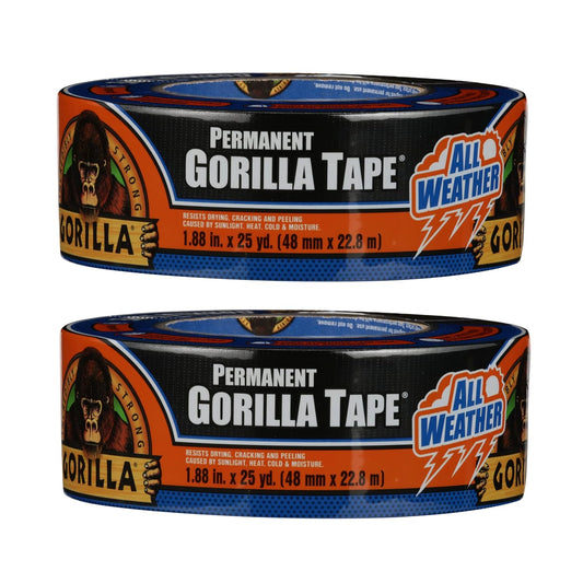 Gorilla All Weather Duct Tape, Black, 1.88" x 25 yd (Pack of 2) - UV and Temperature Resistant