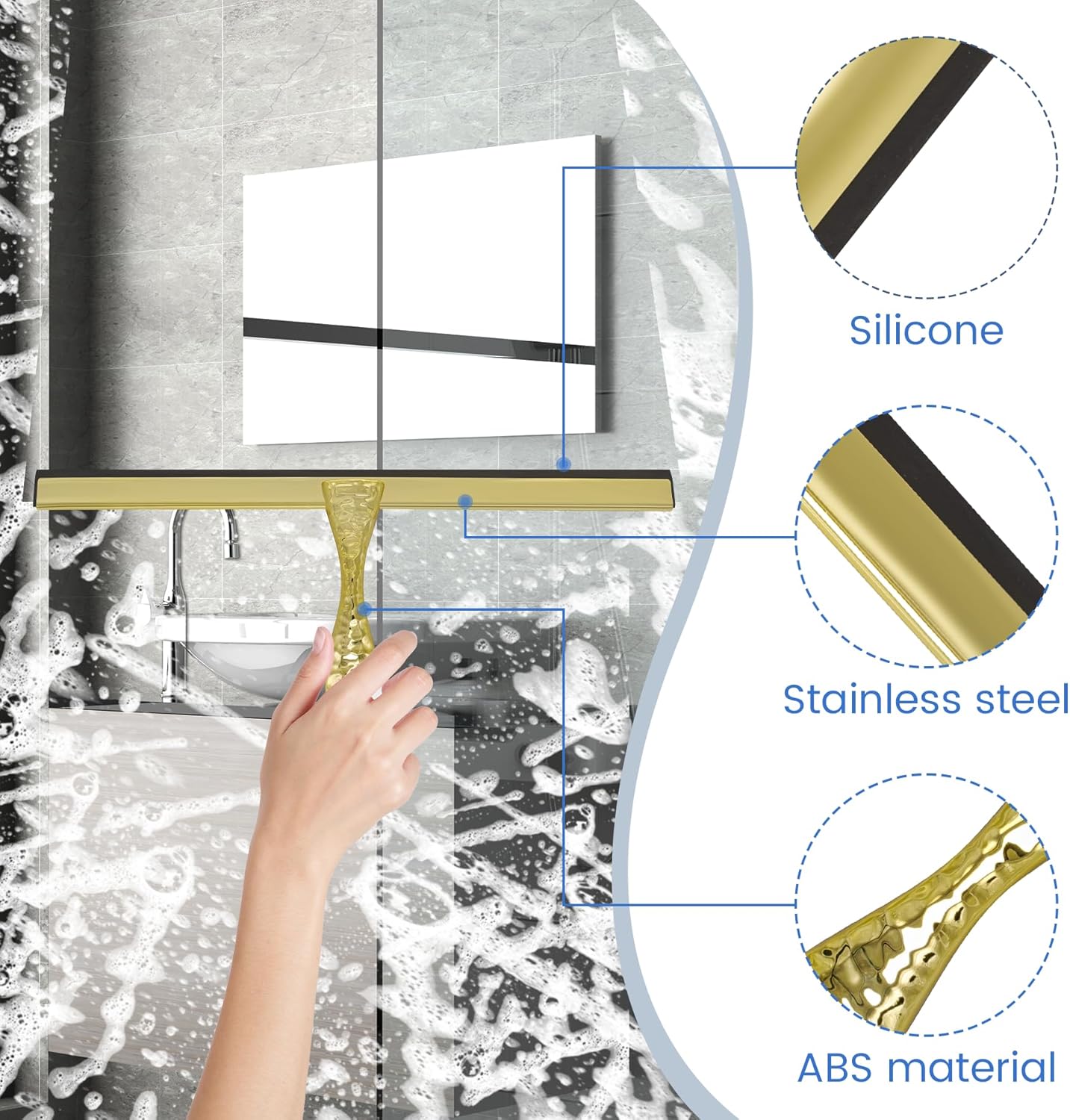 All-Purpose Silicone Shower Squeegee for Shower Glass Door,with 1 Hooks,for Bathroom Glass, Car, Tile Wall, Mirror Cleaning - Flower Shaped Handle for Easy-Grip 14 Inch Golden