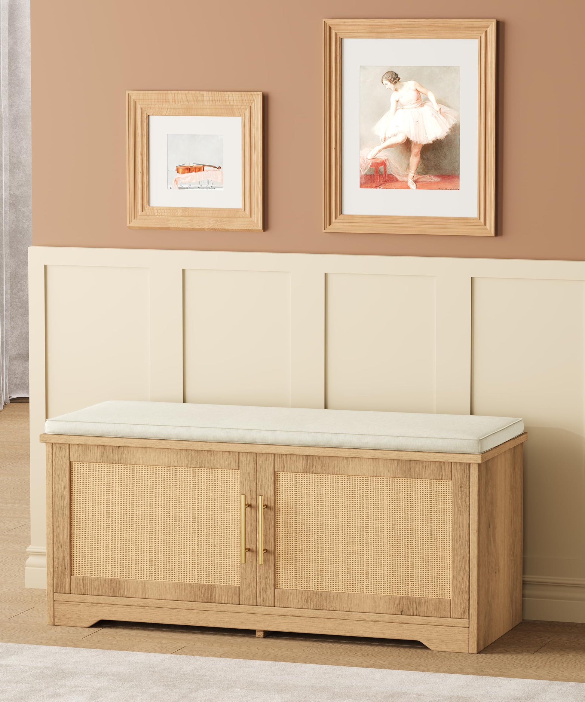 Zeibospri Rattan Shoe Storage Bench, 39.4" Wide Entryway Bench, Natural Oak