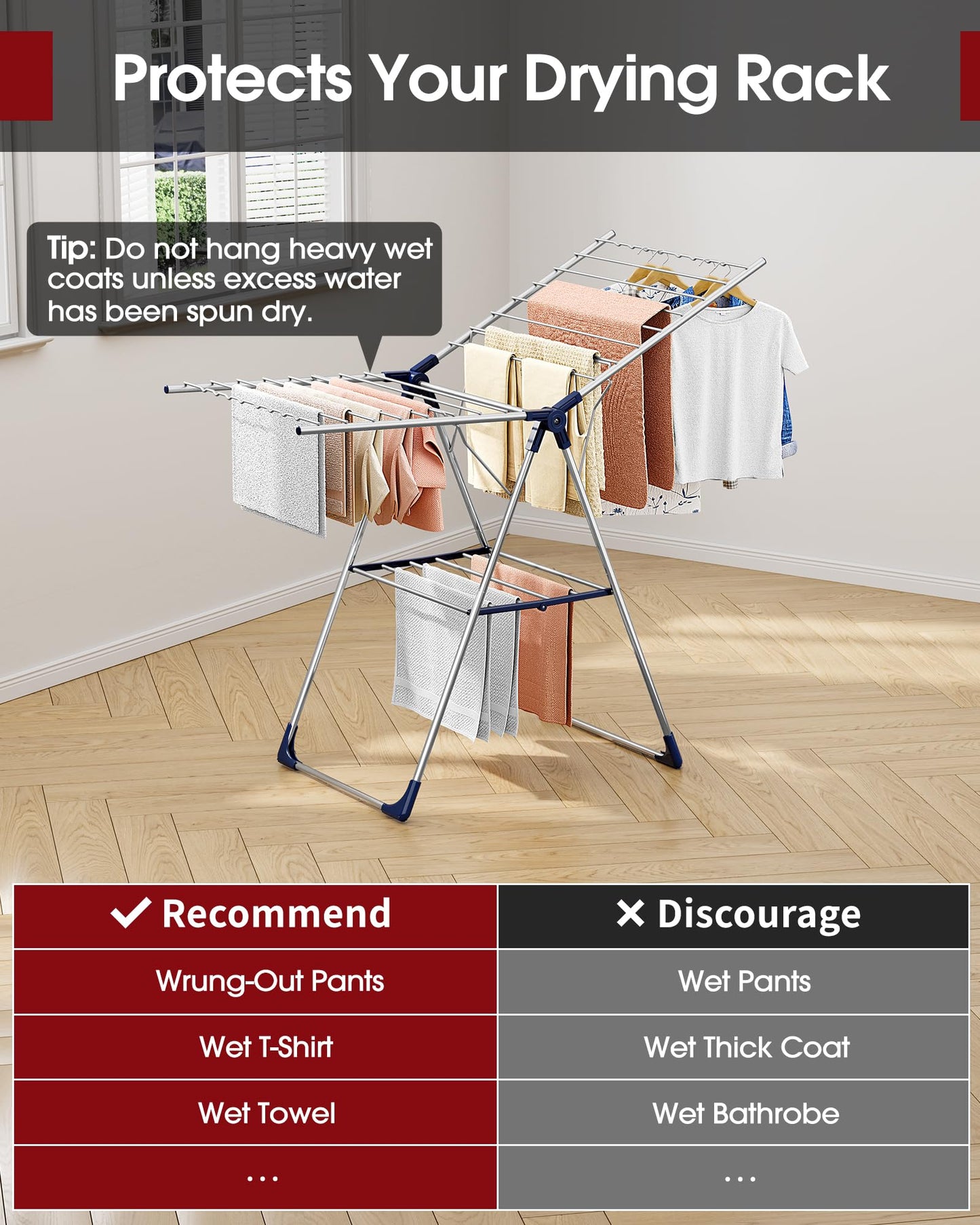 Sakugi Clothes Drying Rack, 55.5" Adjustable Wings, Foldable Design