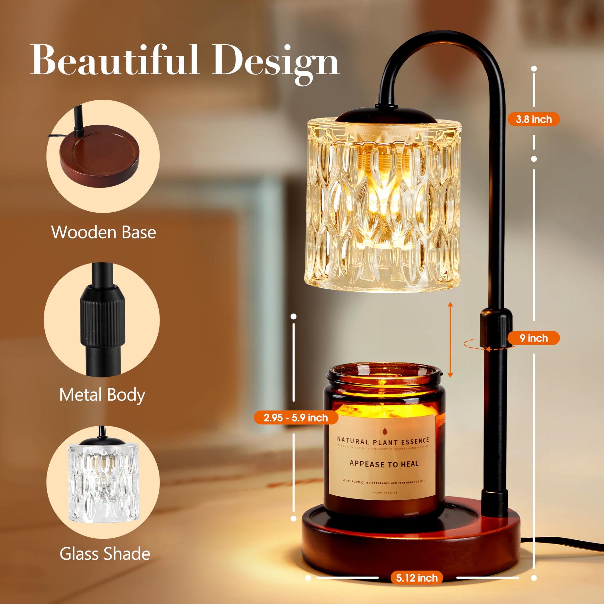 Briever Dimmable Candle Warmer Lamp with Timer, Height Adjustable Electric Candle Wax Warmer