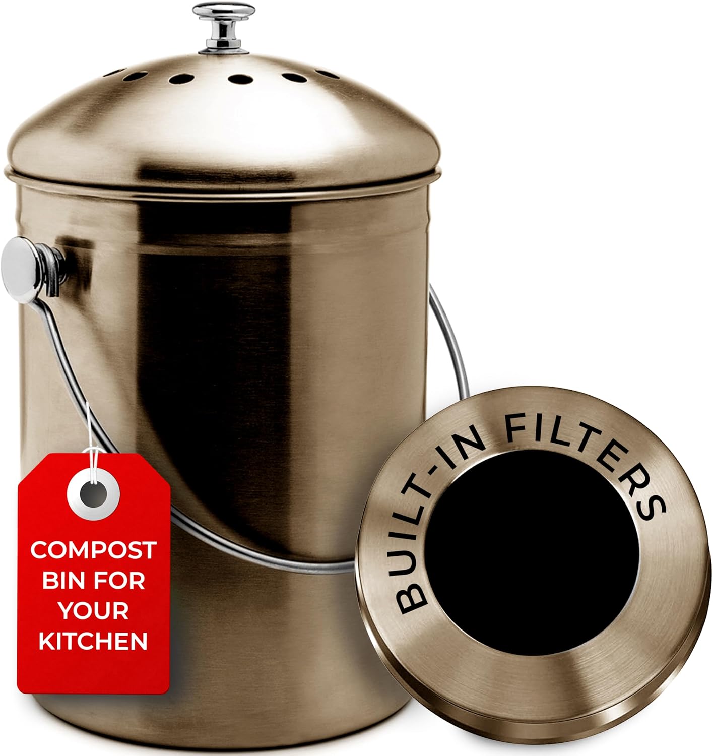 EPICA Countertop Compost Bin Kitchen | 1.3 Gallon | Odorless Composting Bin with Carbon Filters | Indoor Compost Bin with Lid | Stainless Steel Kitchen Composter for Food Scraps & Waste Recycling