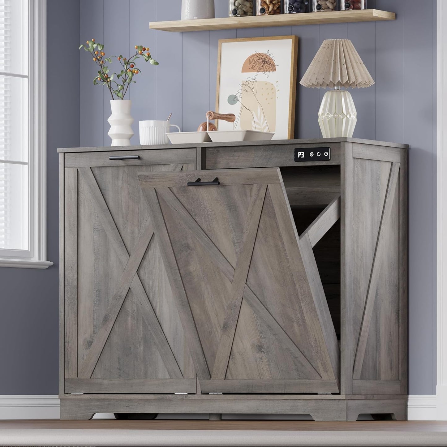 Tilt Out Trash Can Cabinet for 2 Bins, Hidden Recycle Garbage Bin Enclosure, Wooden Double Laundry Cabinet with Odor Control, Negative Ion & Ozone, for Kitchen, Bathroom, Laundry Room