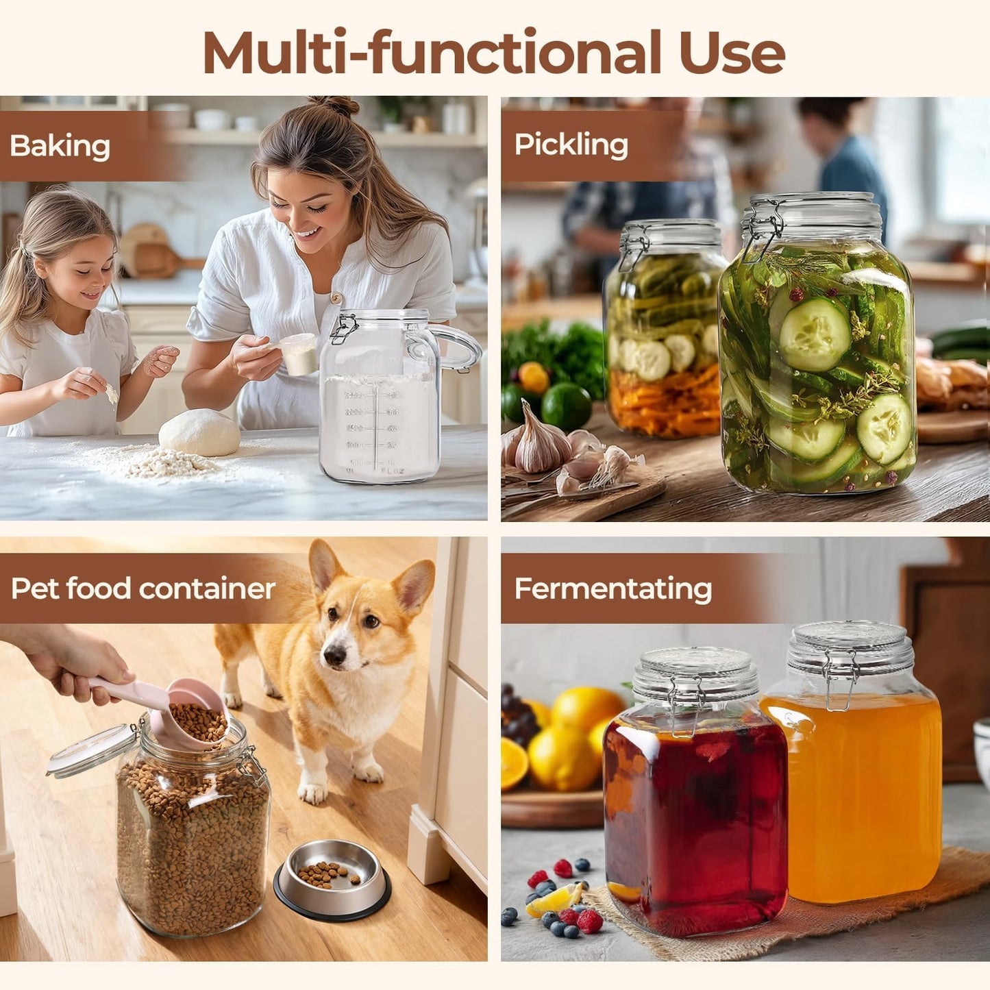 ComSaf Large Glass Storage Containers with Lids, 1.1 Gallon Glass Jar with airtight Lid for Rice, Wide Mouth Mason Jars with Measurement Mark, Flour Sugar Storage Containers 135oz, Set of 2, Square