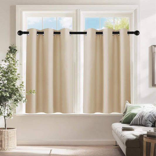 PONY DANCE Blackout Small Window Curtains for Bathroom 36 inch Length, Room Darkening Light Block Short Privacy Solid Drapes for Kitchen Bedroom Basement(2 Panels, W 34 x L 36 inches, Biscotti Beige)