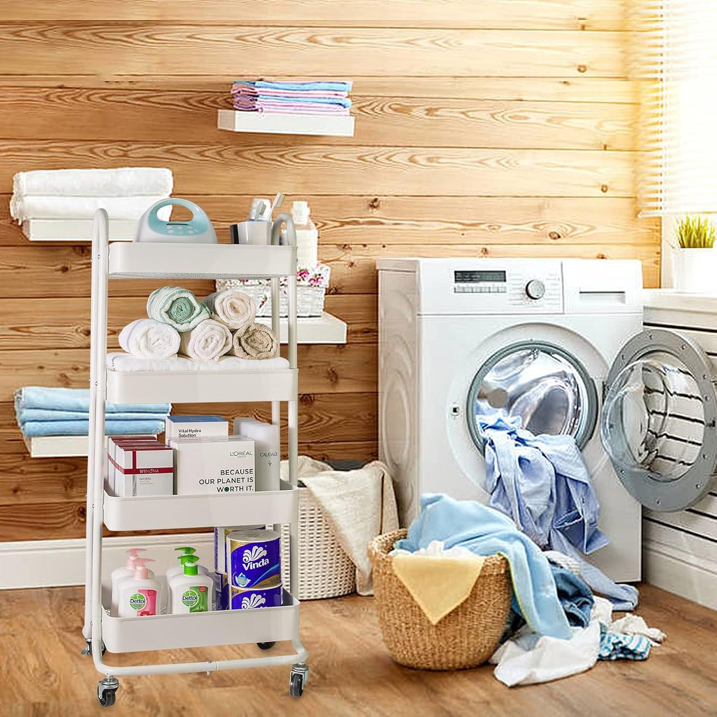 elabo 4-Tier Metal Mesh Utility Rolling Cart, Storage Organizer Trolley Services Cart with Lockable Wheels for Kitchen, Bathroom, Living Room (White)