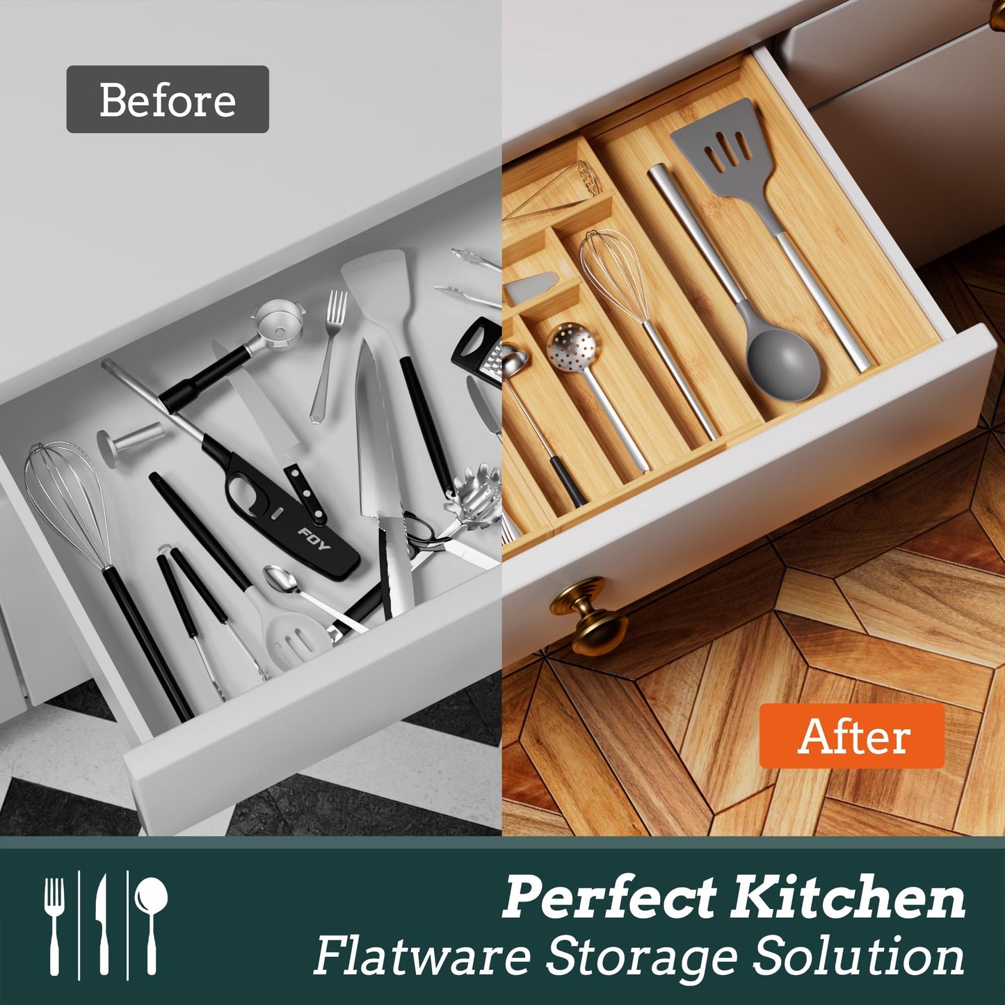 Silverware Organizer Large, Magnetic Connected Expandable 13 Slots Silverware Drawer Organizer From