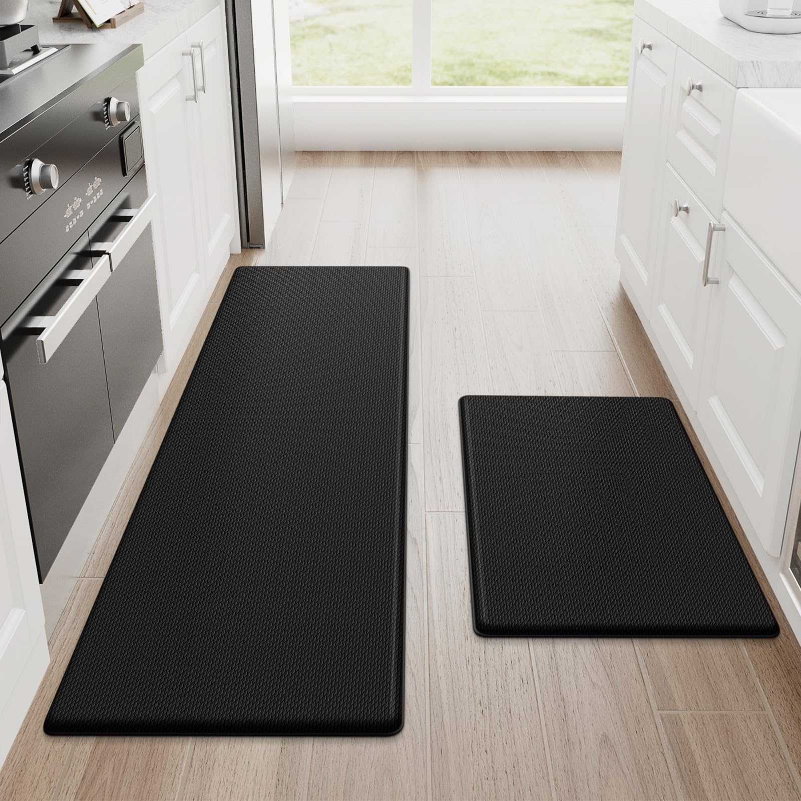 StepRite Kitchen Mats for Floor, 2-Piece Anti-Fatigue Kitchen Rugs, Black