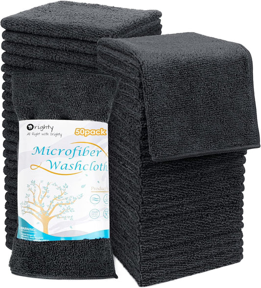 Orighty Washcloths Bulk Towels Set 50 Pack, Highly Absorbent and Super Soft Microfiber Fingertip Towels, Multi-Purpose Wash Cloths for Bathroom, Hotel, Spa, and Gym, 12x12 Inch, Black