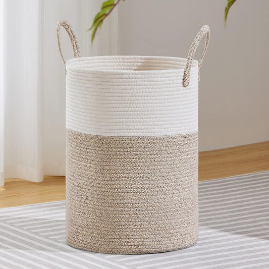 VIPOSCO Large Laundry Hamper, Tall Woven Rope Storage Basket for Blanket, Toys, Dirty Clothes in Living Room, Bathroom, Bedroom - 72L White & Brown